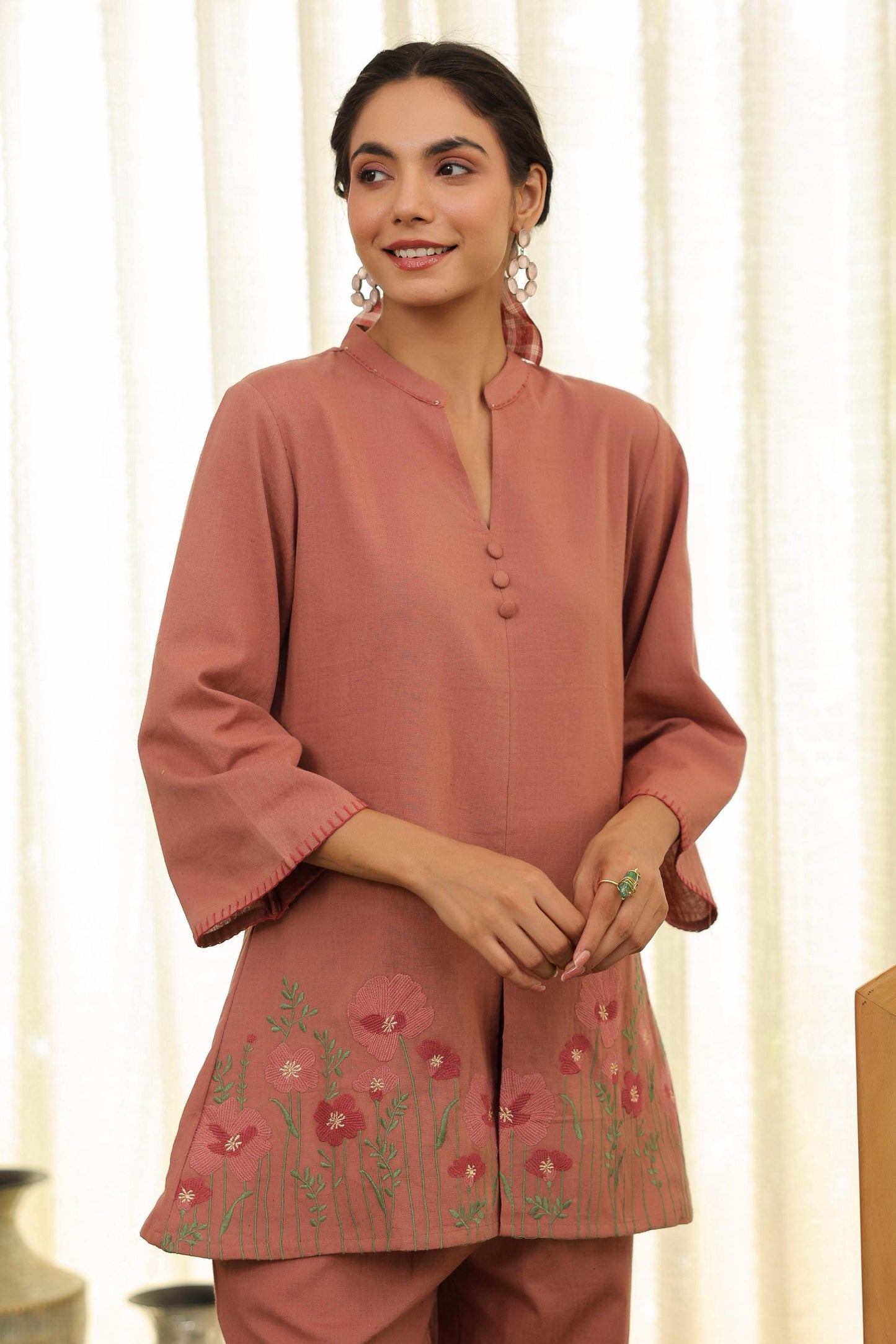 Dusty Rose Pink Floral Embroidered Cotton Co-ord Set | Elegant Everyday Ethnic Wear for Women