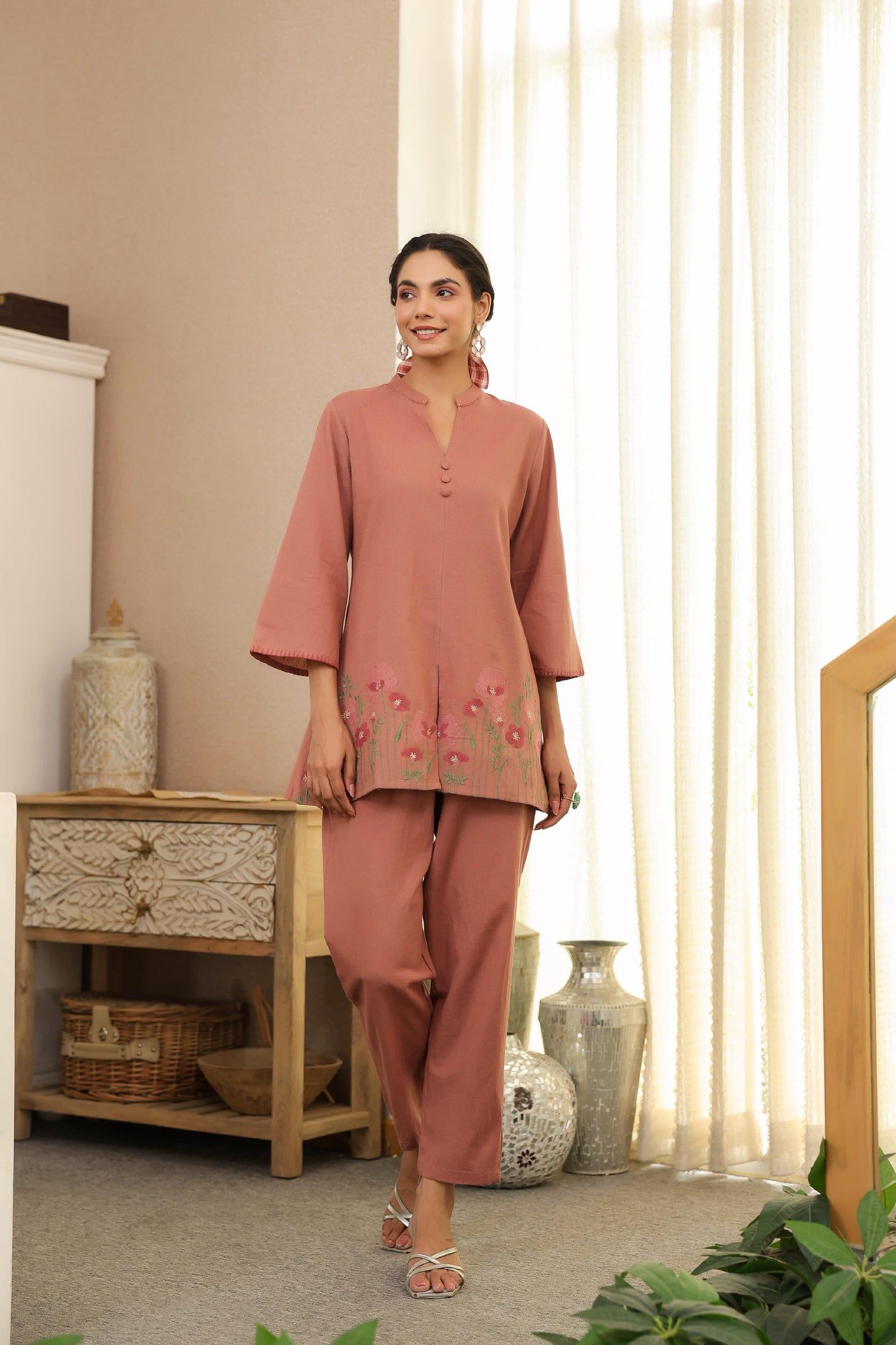 Dusty Rose Pink Floral Embroidered Cotton Co-ord Set | Elegant Everyday Ethnic Wear for Women