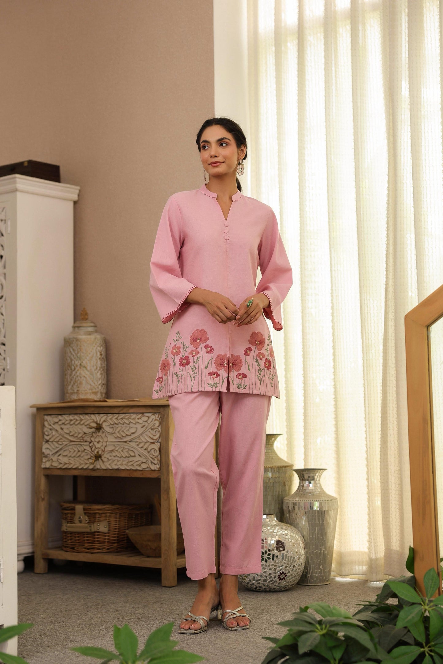 Pink Floral Embroidered Tunic & Pant Co-ord Set