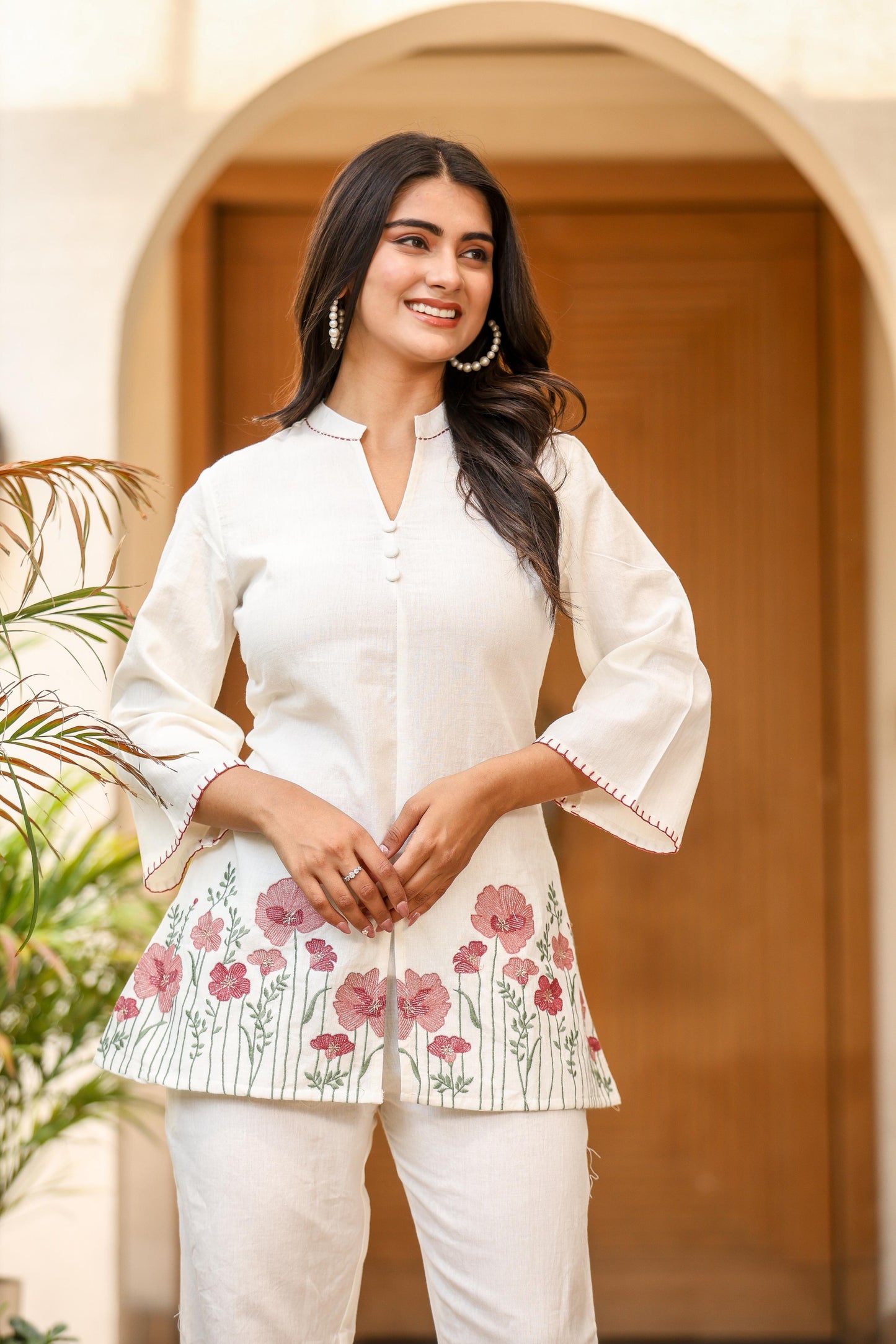 White Floral Embroidered Tunic & Pant Co-ord Set