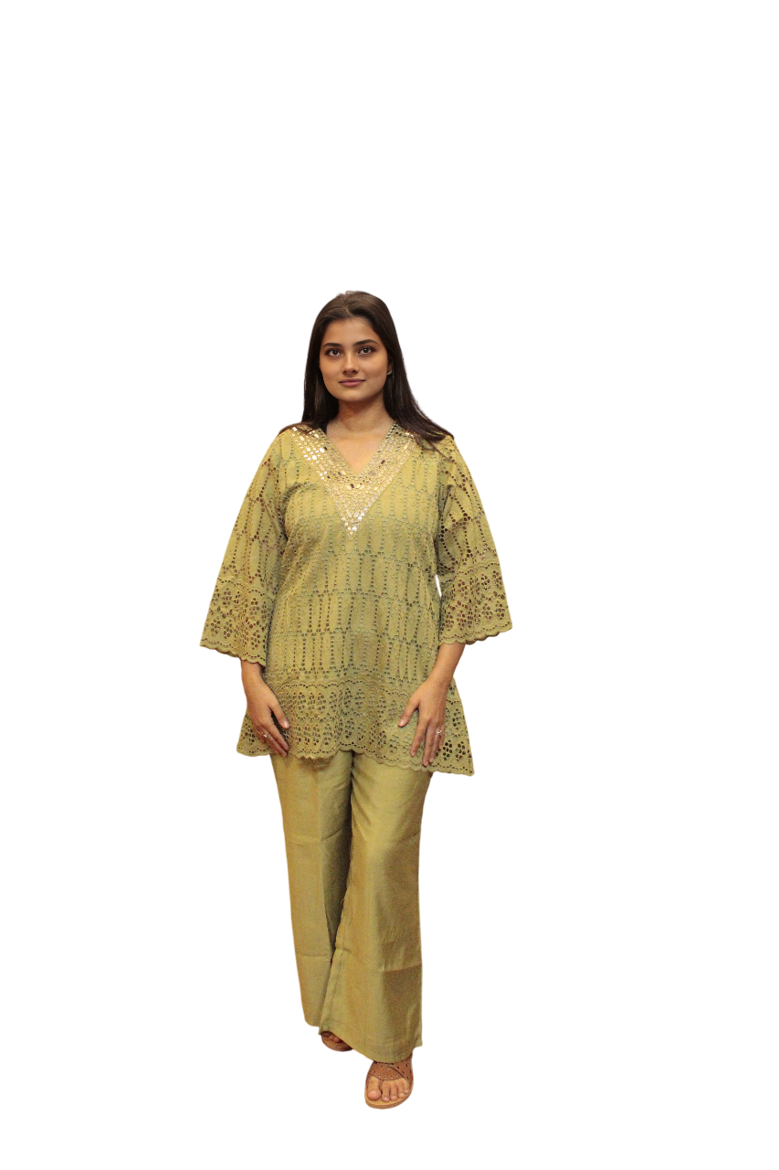 Lime Green Mirror Work Cotton Co-ord Set for Women | Festive & Casual Ethnic Wear