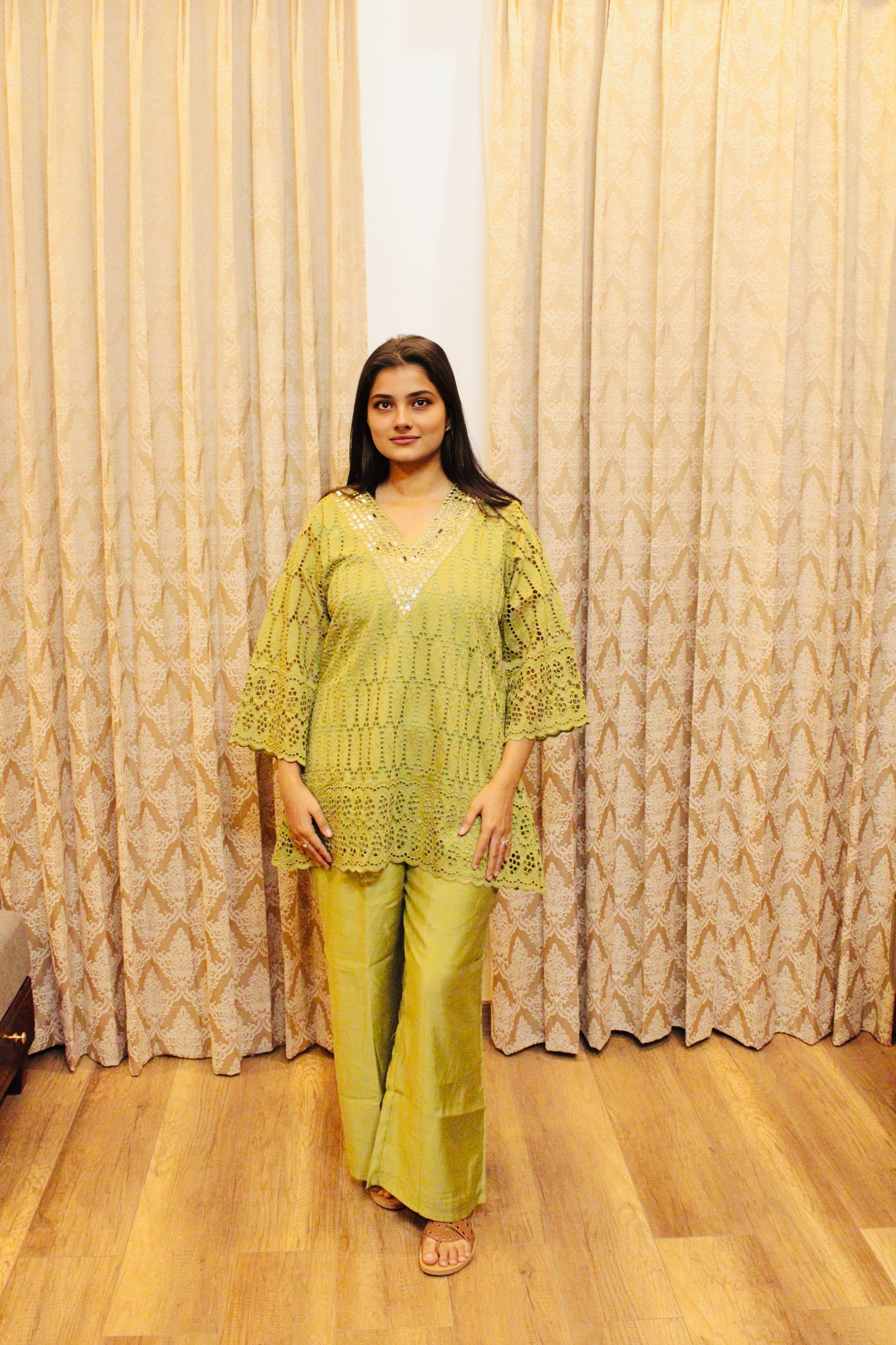 Lime Green Mirror Work Cotton Co-ord Set for Women | Festive & Casual Ethnic Wear