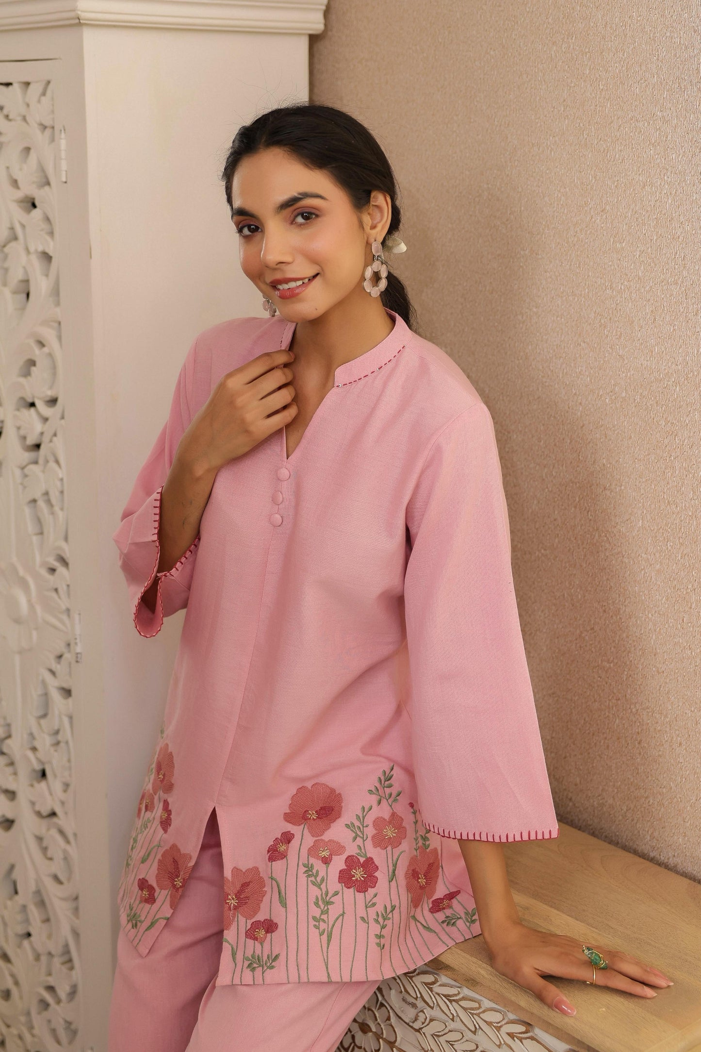 Pink Floral Embroidered Tunic & Pant Co-ord Set