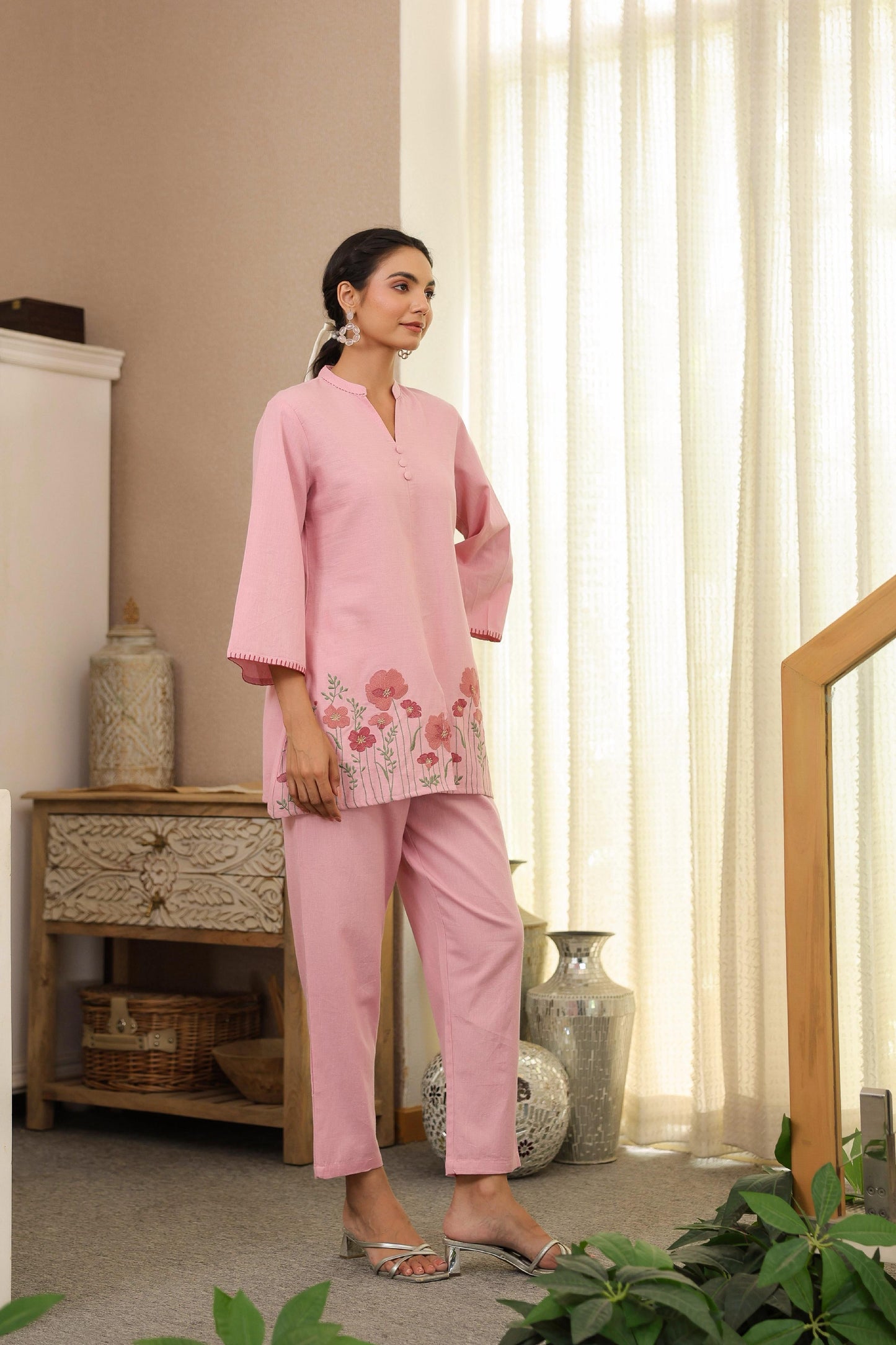 Pink Floral Embroidered Tunic & Pant Co-ord Set