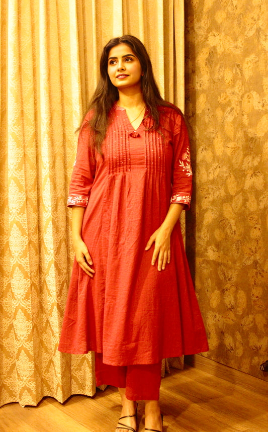 Elegant Red Cotton Kurta Set with Handblock Floral Dupatta – Summer Ethnic Wear - Laal Ishq Three Piece Suit Set