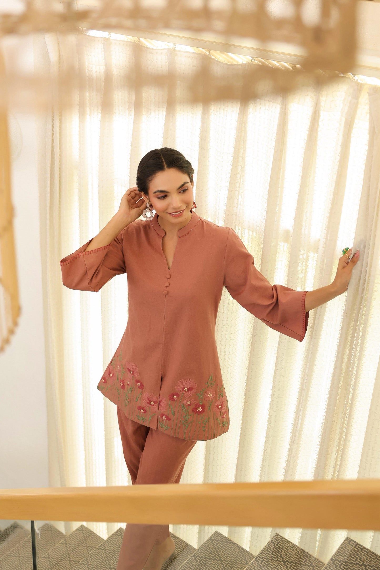 Dusty Rose Pink Floral Embroidered Cotton Co-ord Set | Elegant Everyday Ethnic Wear for Women