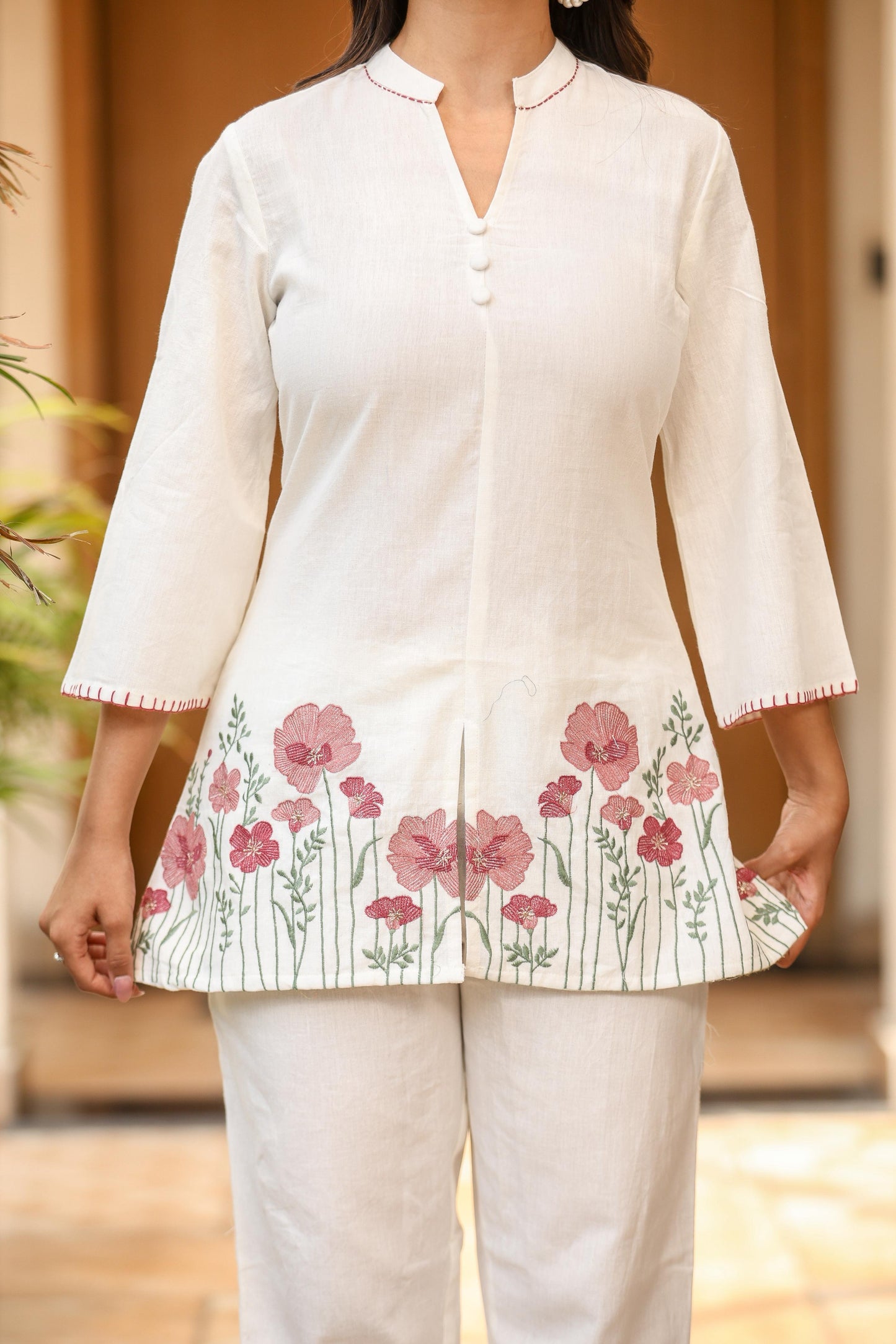 White Floral Embroidered Tunic & Pant Co-ord Set