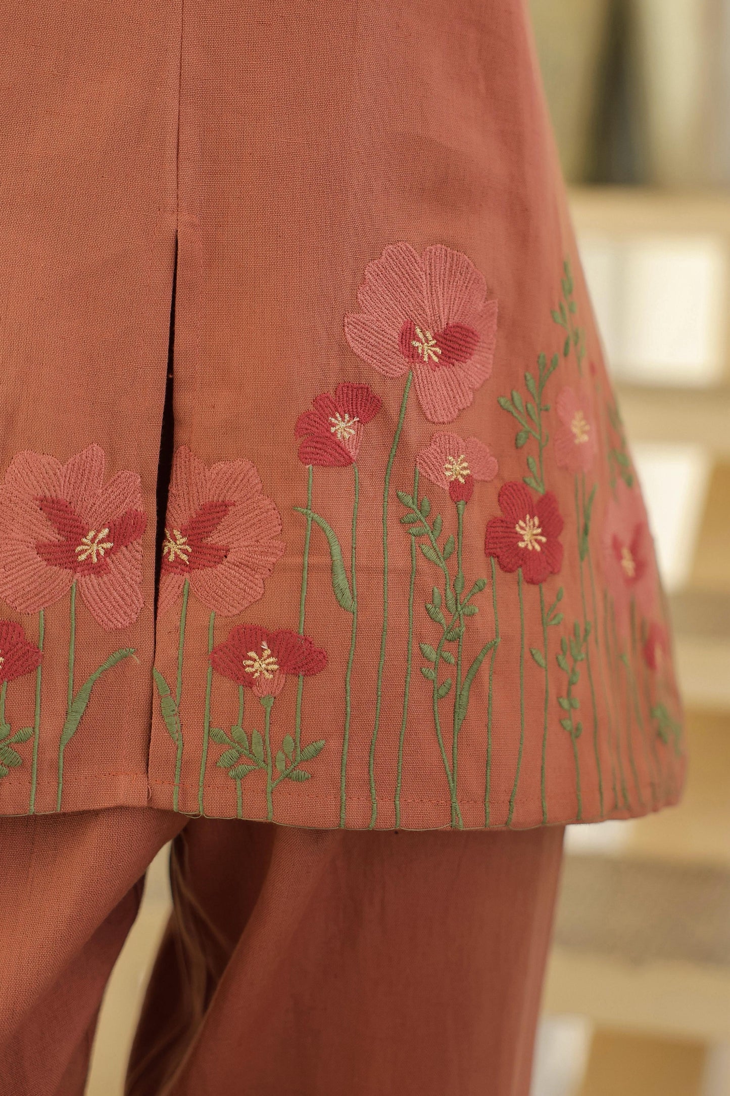 Dusty Rose Pink Floral Embroidered Cotton Co-ord Set | Elegant Everyday Ethnic Wear for Women