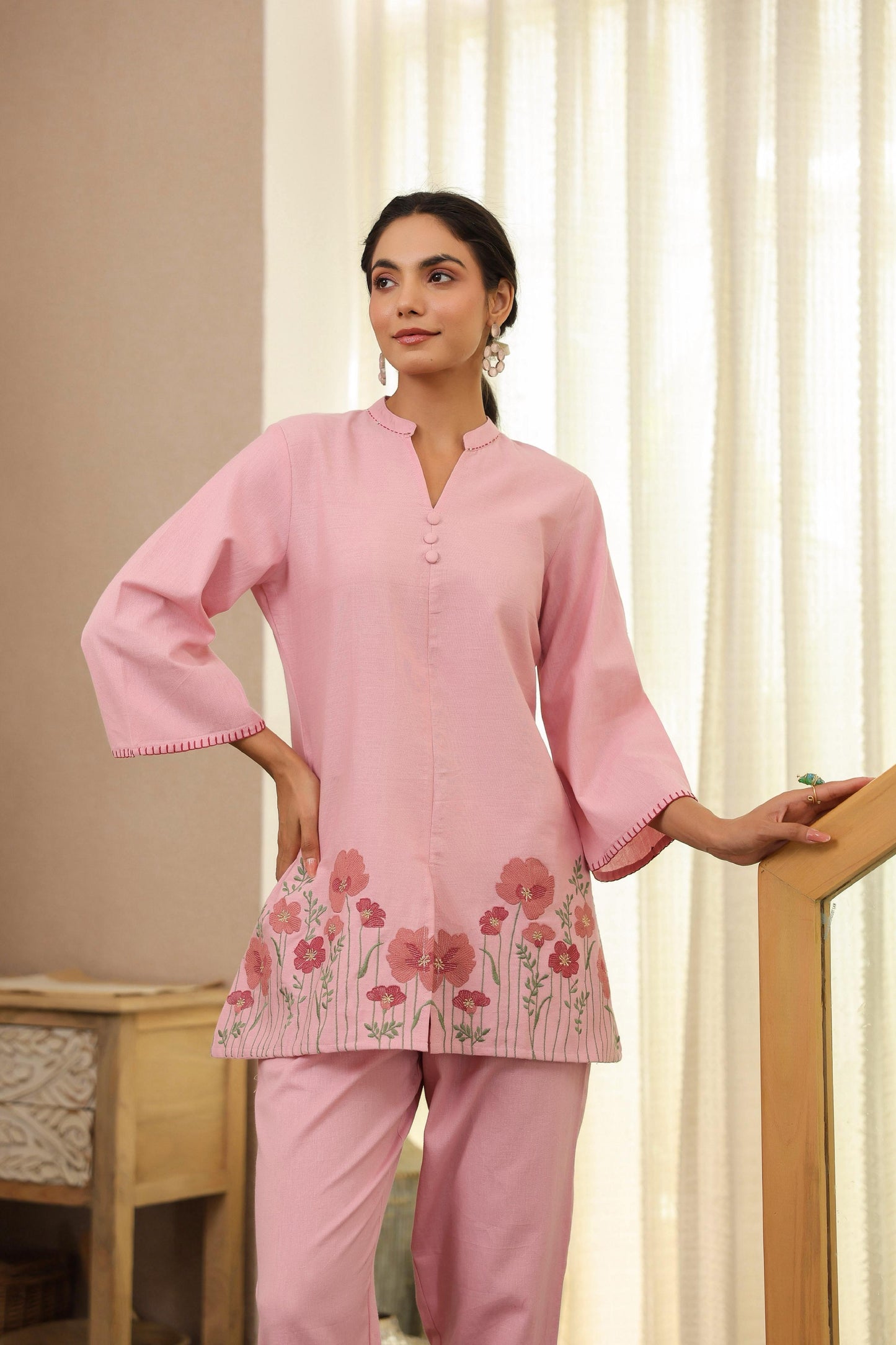 Pink Floral Embroidered Tunic & Pant Co-ord Set