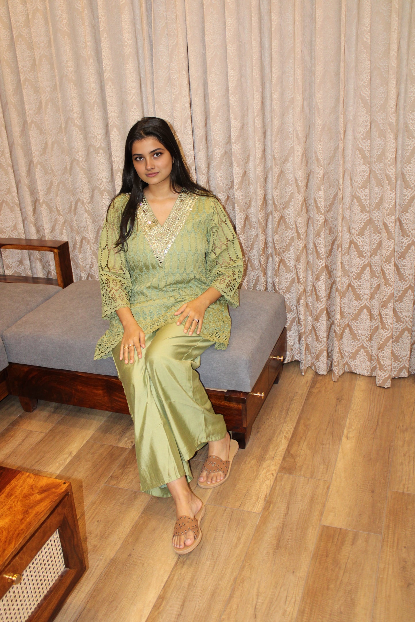 Lime Green Mirror Work Cotton Co-ord Set for Women | Festive & Casual Ethnic Wear