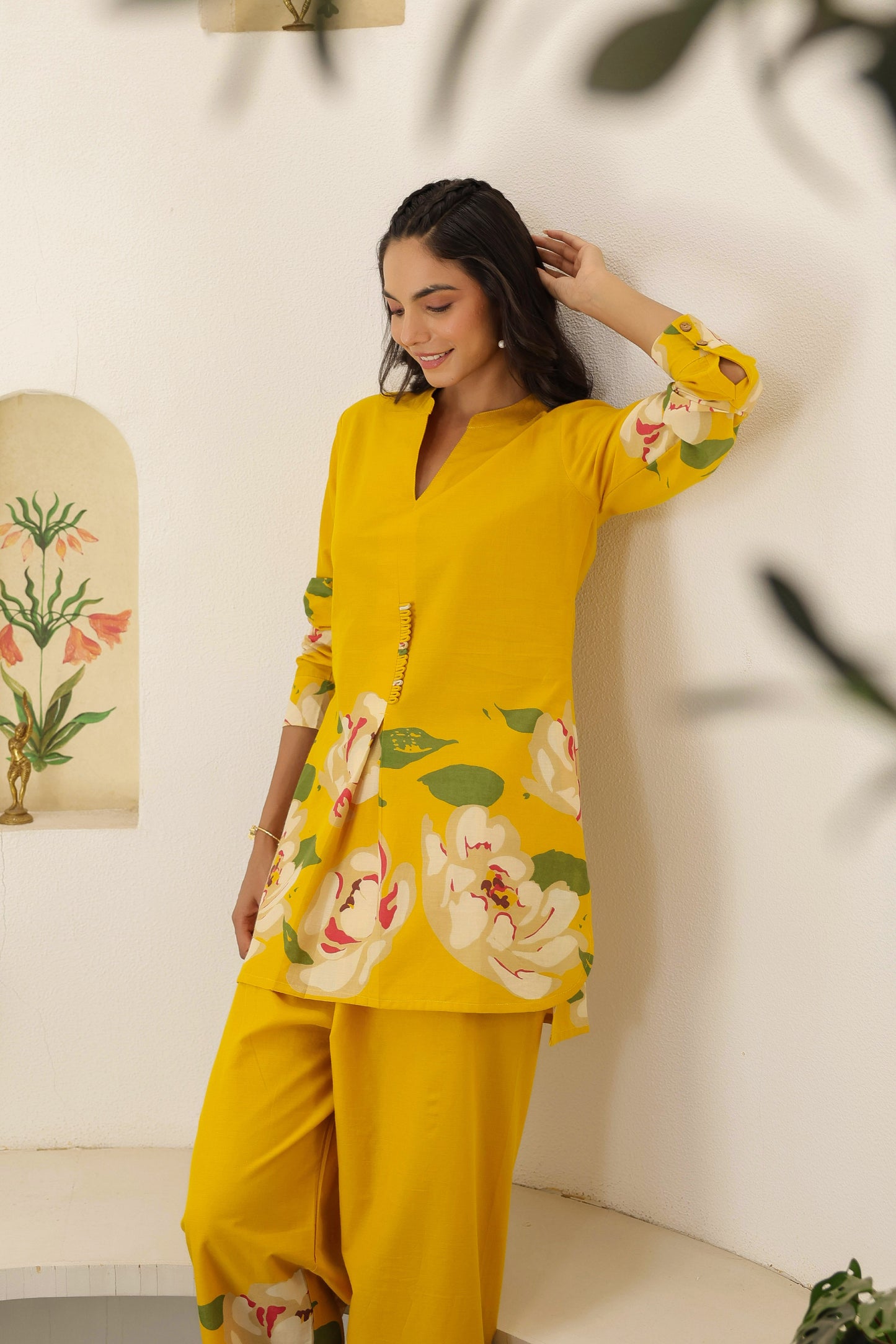 Mustard Floral Co-ord Set - Cotton Kurta & Pants for Women