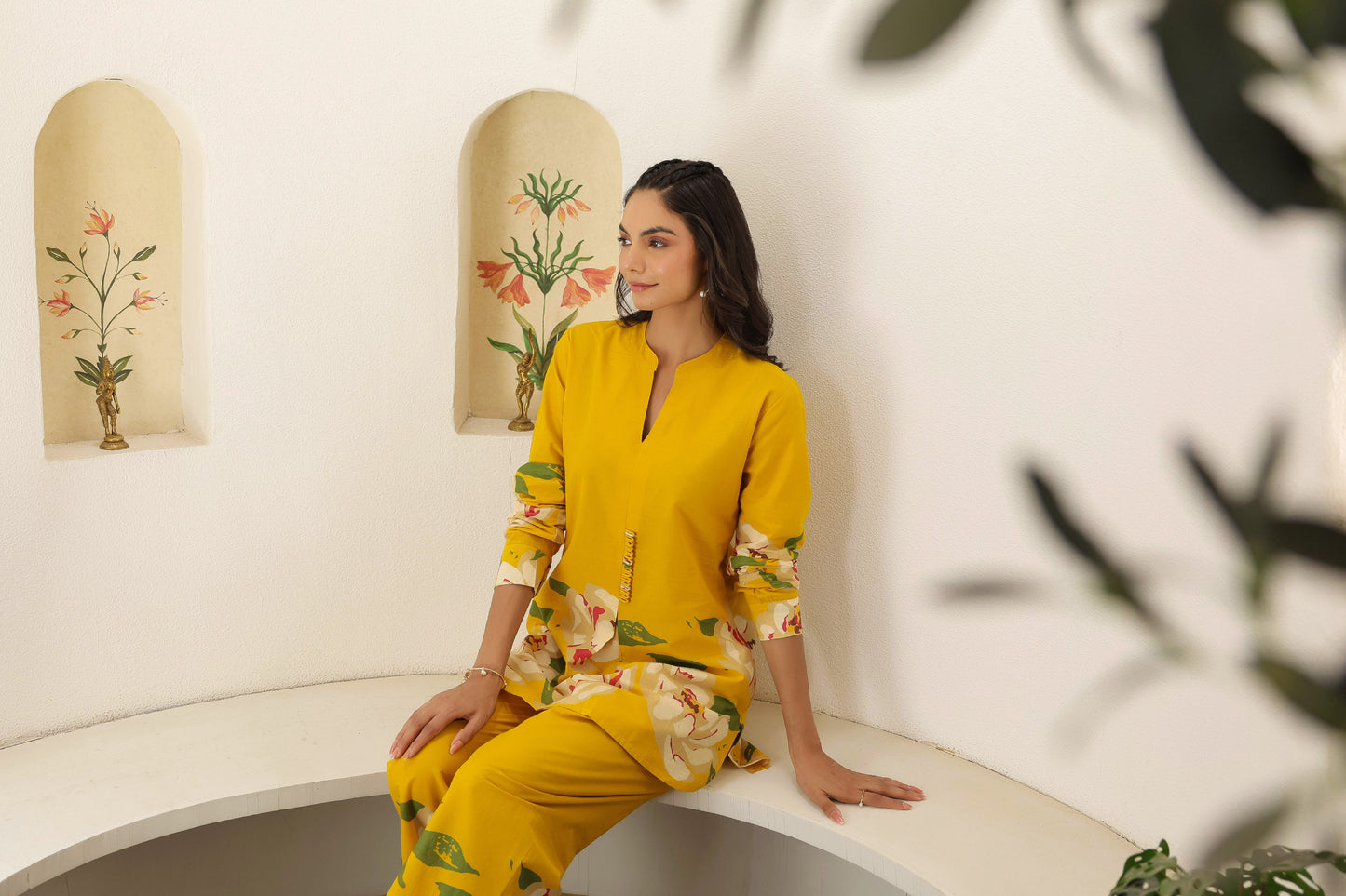Mustard Floral Co-ord Set - Cotton Kurta & Pants for Women