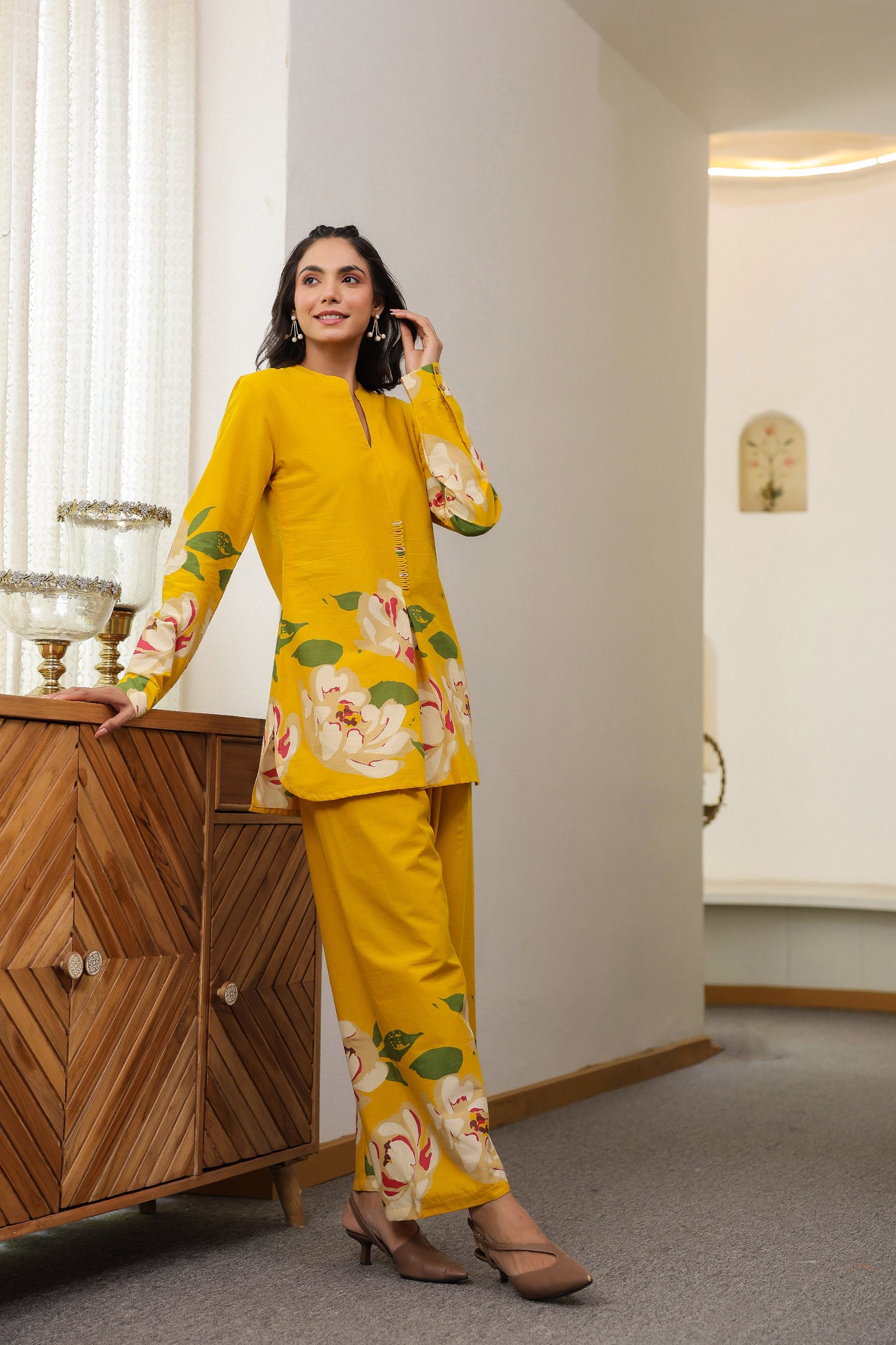 Mustard Floral Co-ord Set - Cotton Kurta & Pants for Women