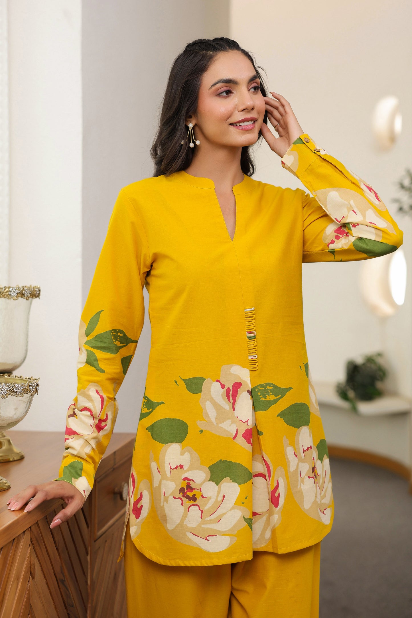 Mustard Floral Co-ord Set - Cotton Kurta & Pants for Women