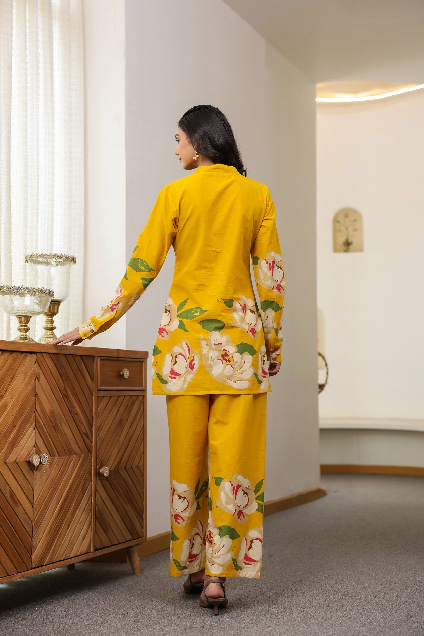 Mustard Floral Co-ord Set - Cotton Kurta & Pants for Women