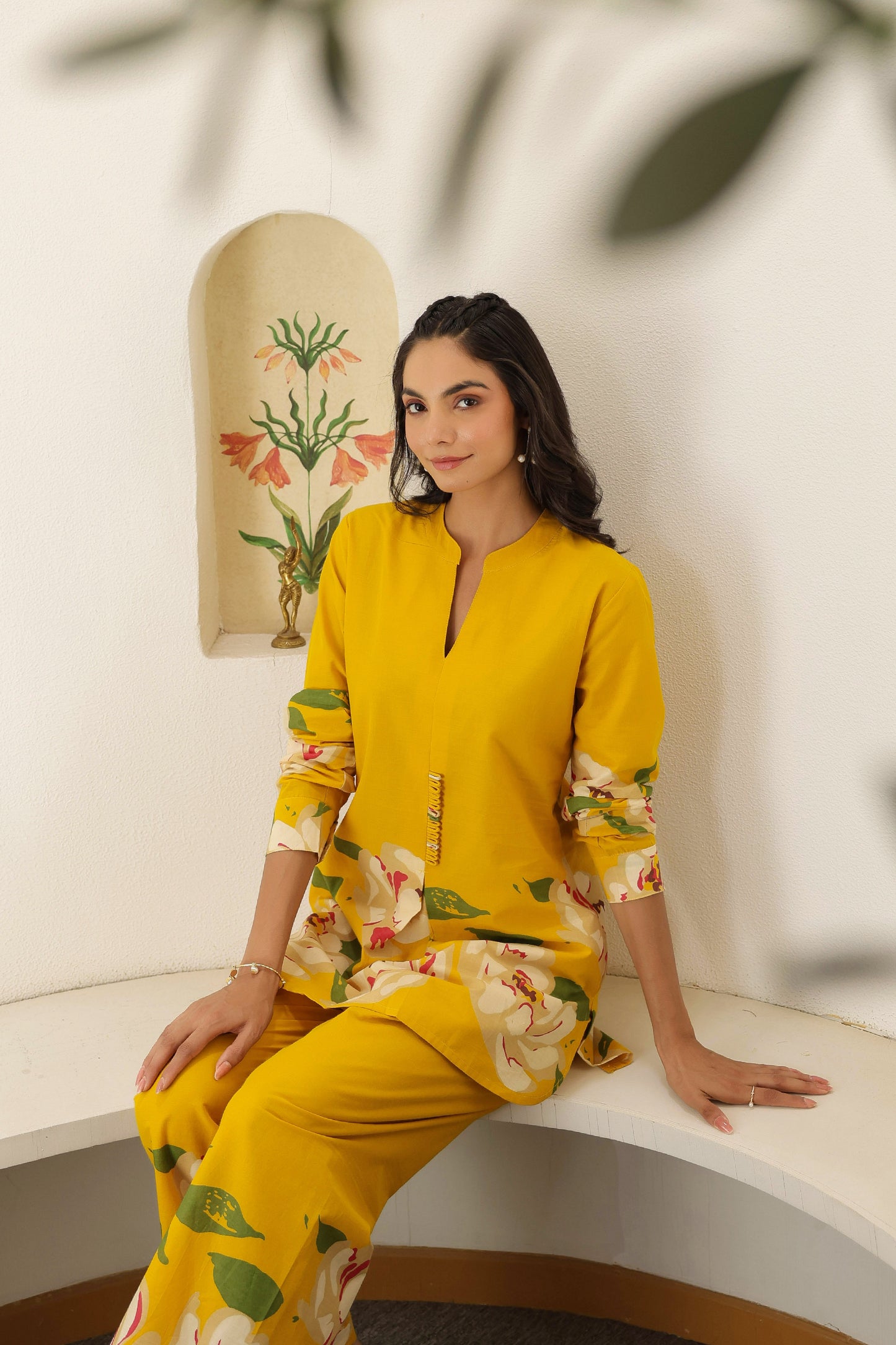 Mustard Floral Co-ord Set - Cotton Kurta & Pants for Women