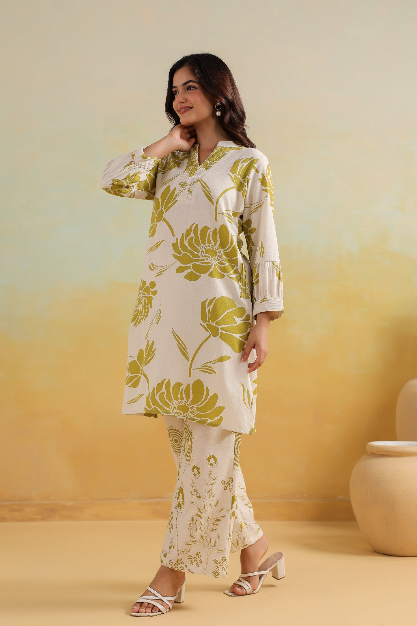 "Ivory & Olive Handblock Floral Co-ord Set | Cotton Summer Kurta Pant Set for Women"