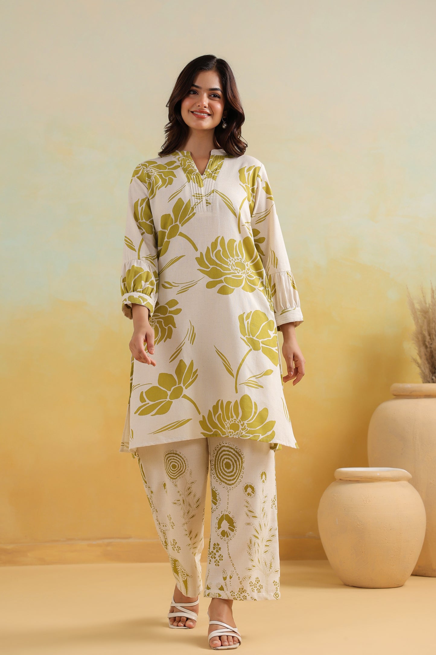 "Ivory & Olive Handblock Floral Co-ord Set | Cotton Summer Kurta Pant Set for Women"