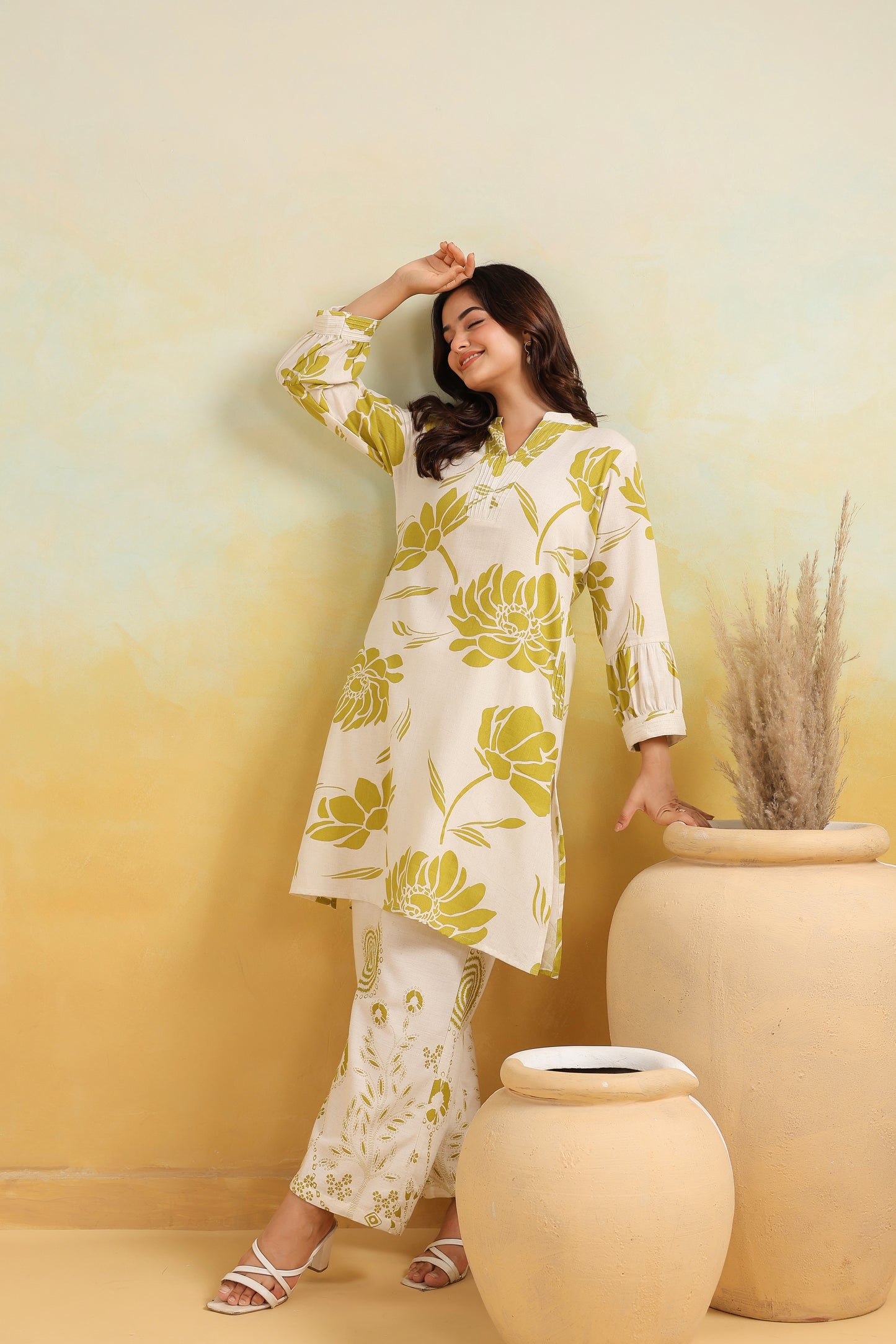 "Ivory & Olive Handblock Floral Co-ord Set | Cotton Summer Kurta Pant Set for Women"