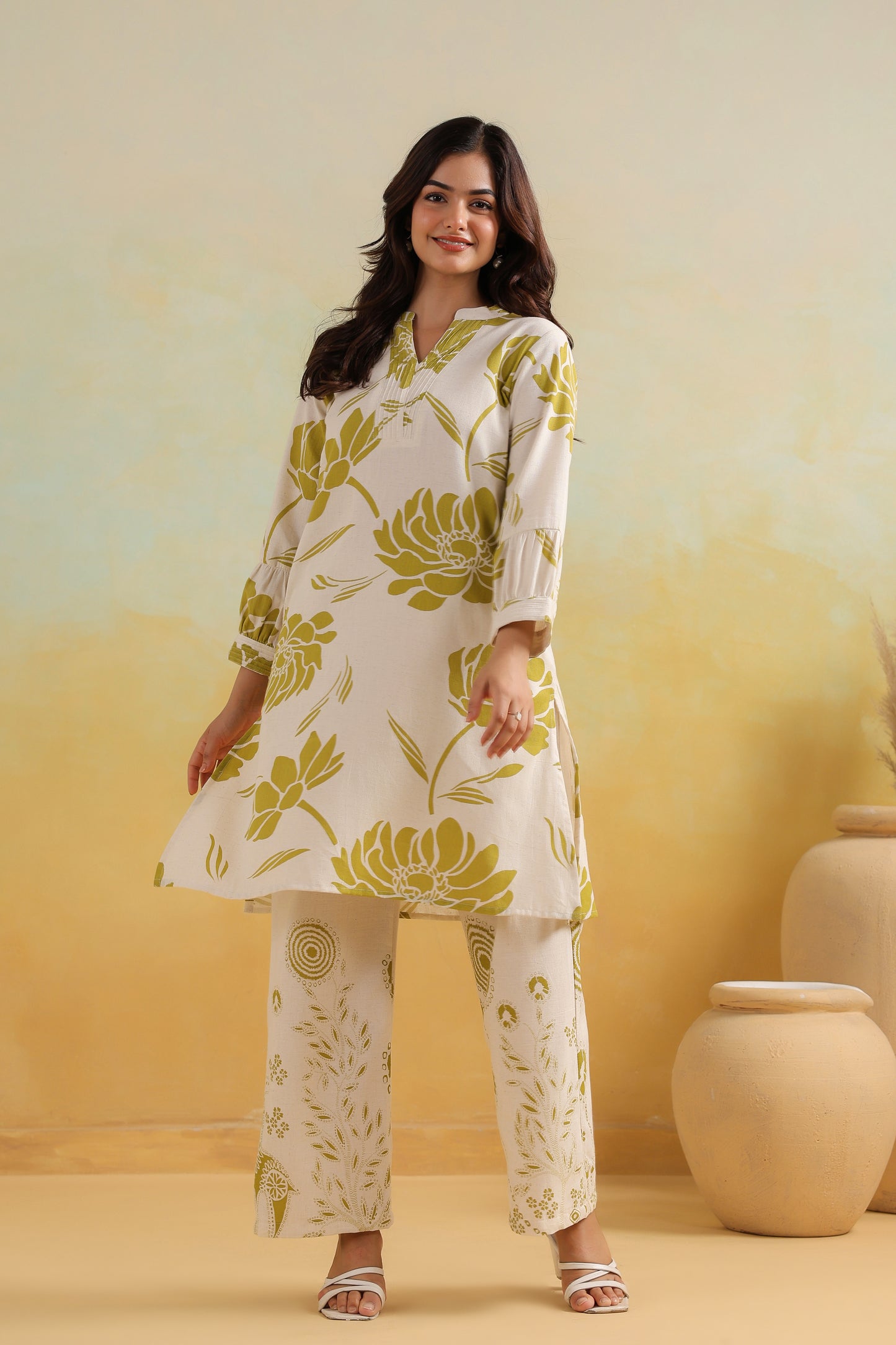 "Ivory & Olive Handblock Floral Co-ord Set | Cotton Summer Kurta Pant Set for Women"