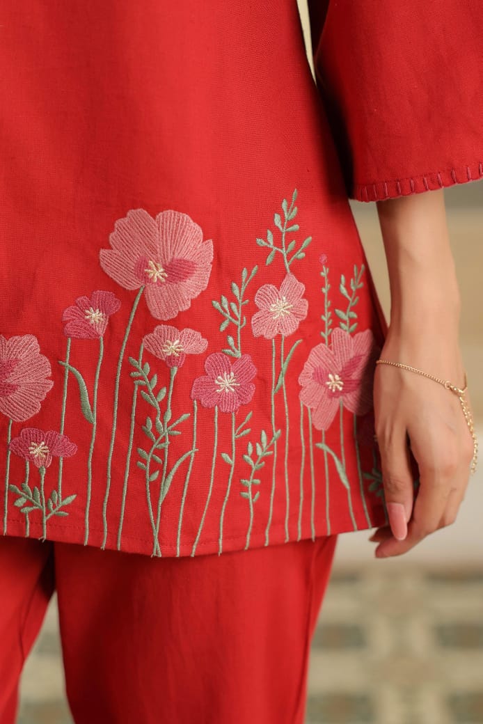 Red Floral Embroidered Tunic & Pant Co-ord Set