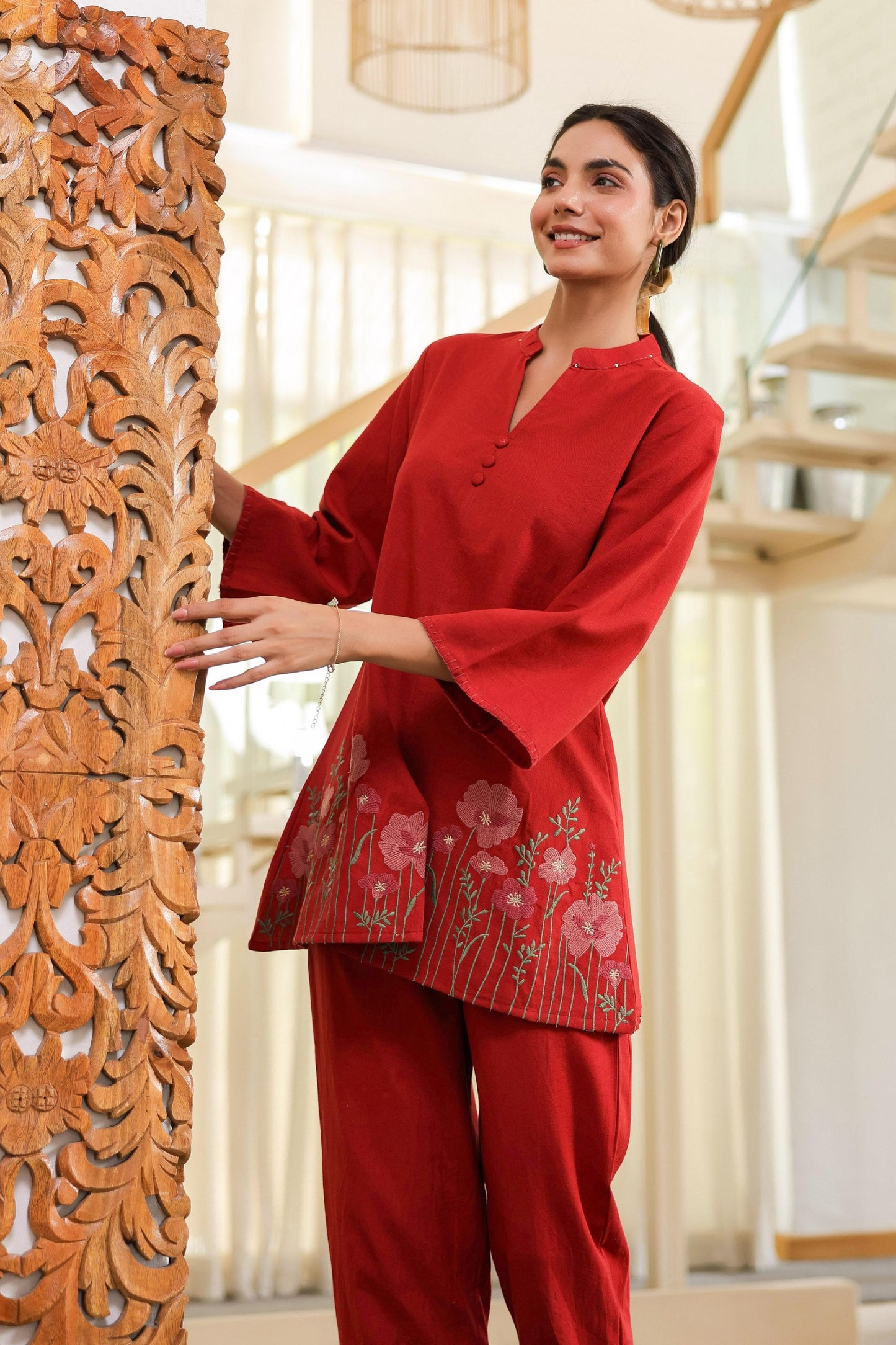 Red Floral Embroidered Tunic & Pant Co-ord Set