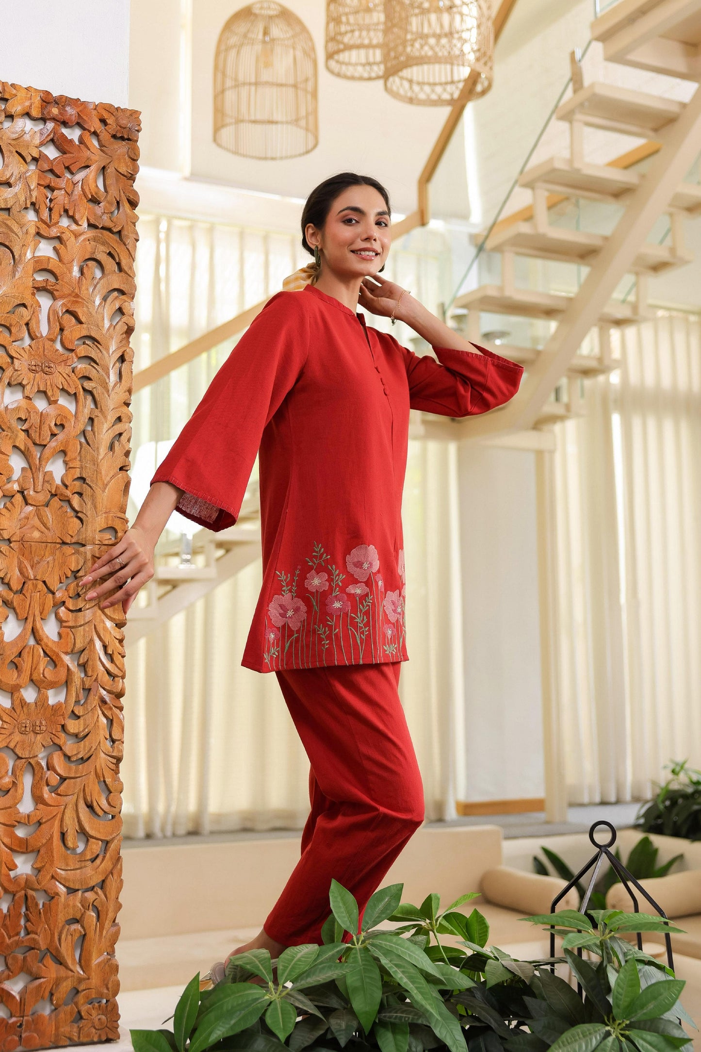Red Floral Embroidered Tunic & Pant Co-ord Set