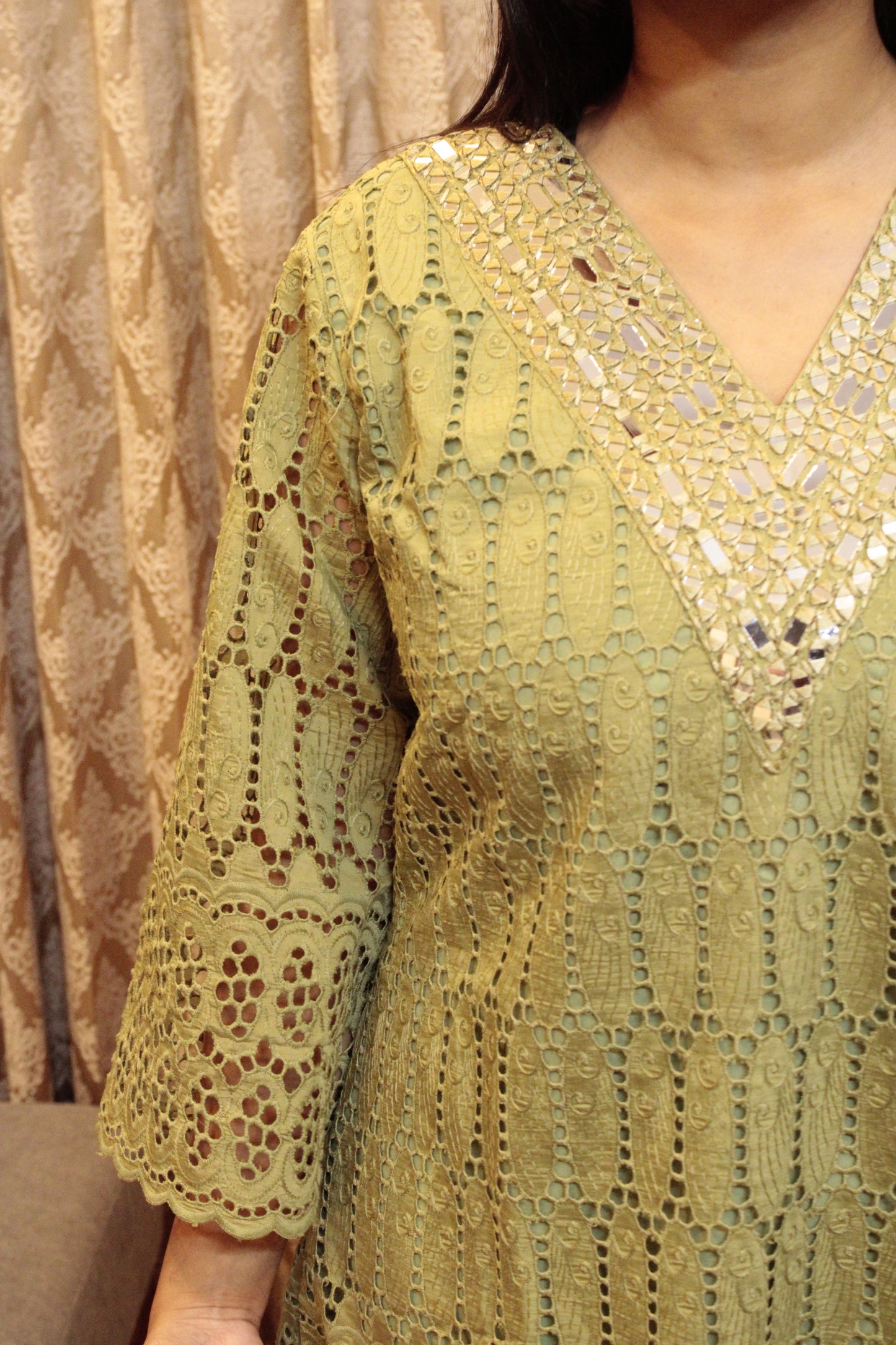 Lime Green Mirror Work Cotton Co-ord Set for Women | Festive & Casual Ethnic Wear