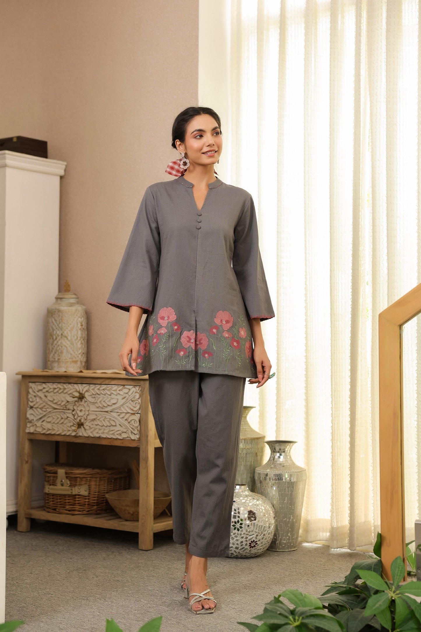 Grey Floral Embroidered Tunic & Pant Co-ord Set