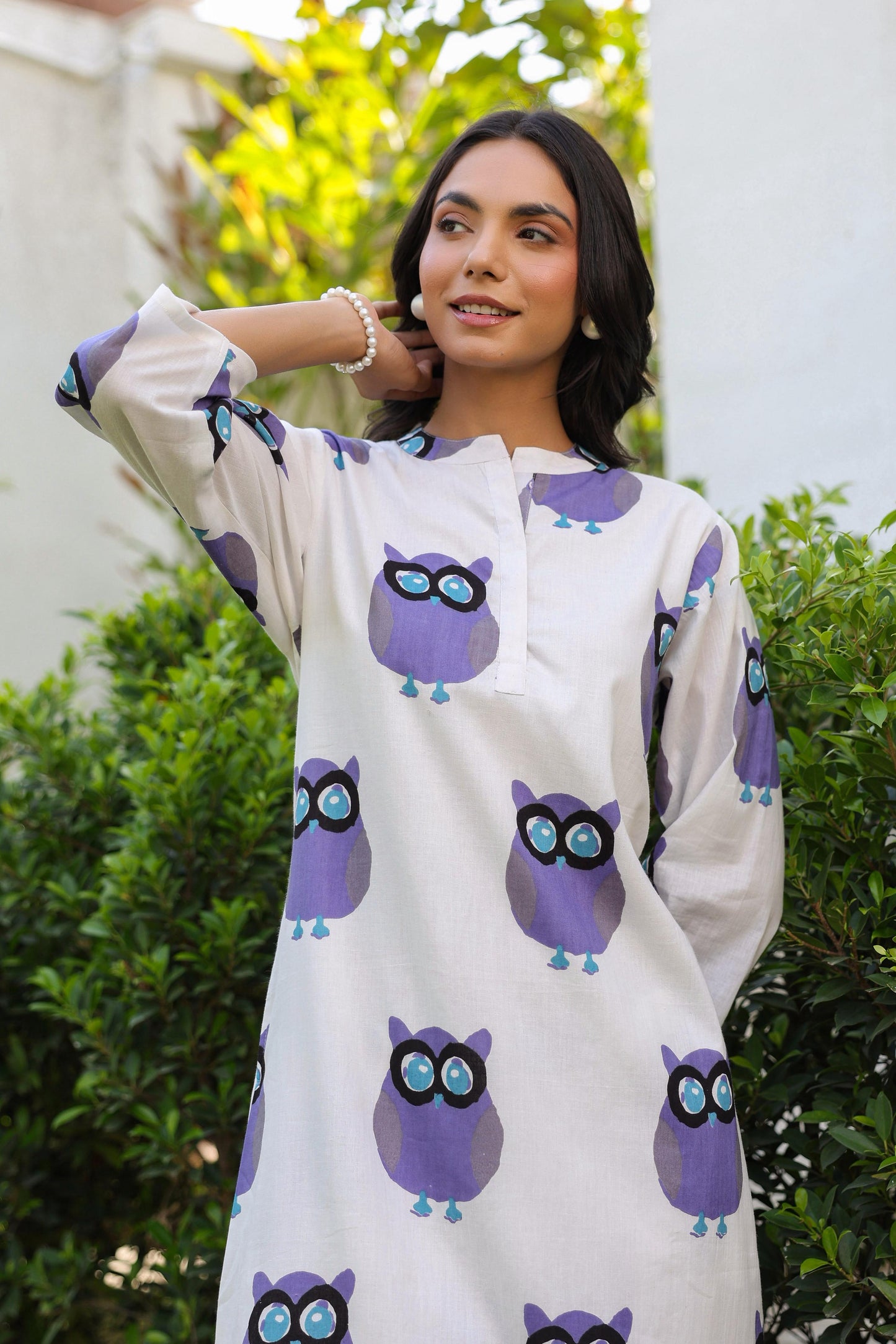 White & Purple Owl Printed Full Sleeves Kurta with Pants Set