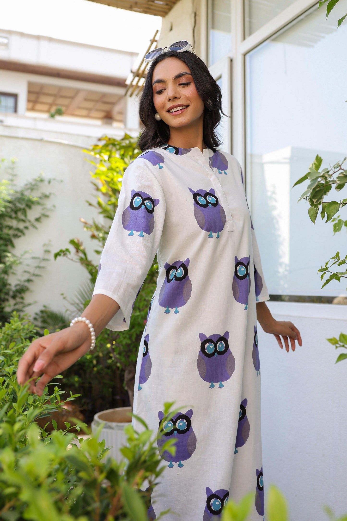 White & Purple Owl Printed Full Sleeves Kurta with Pants Set