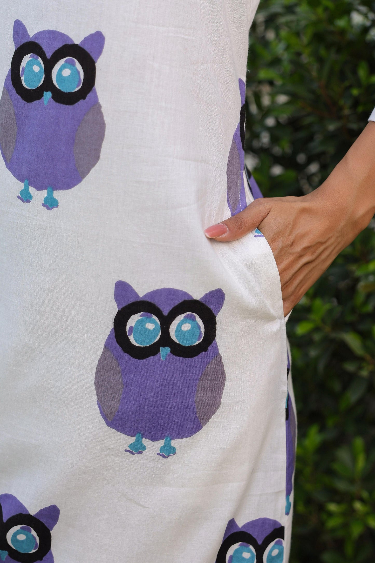 White & Purple Owl Printed Full Sleeves Kurta with Pants Set