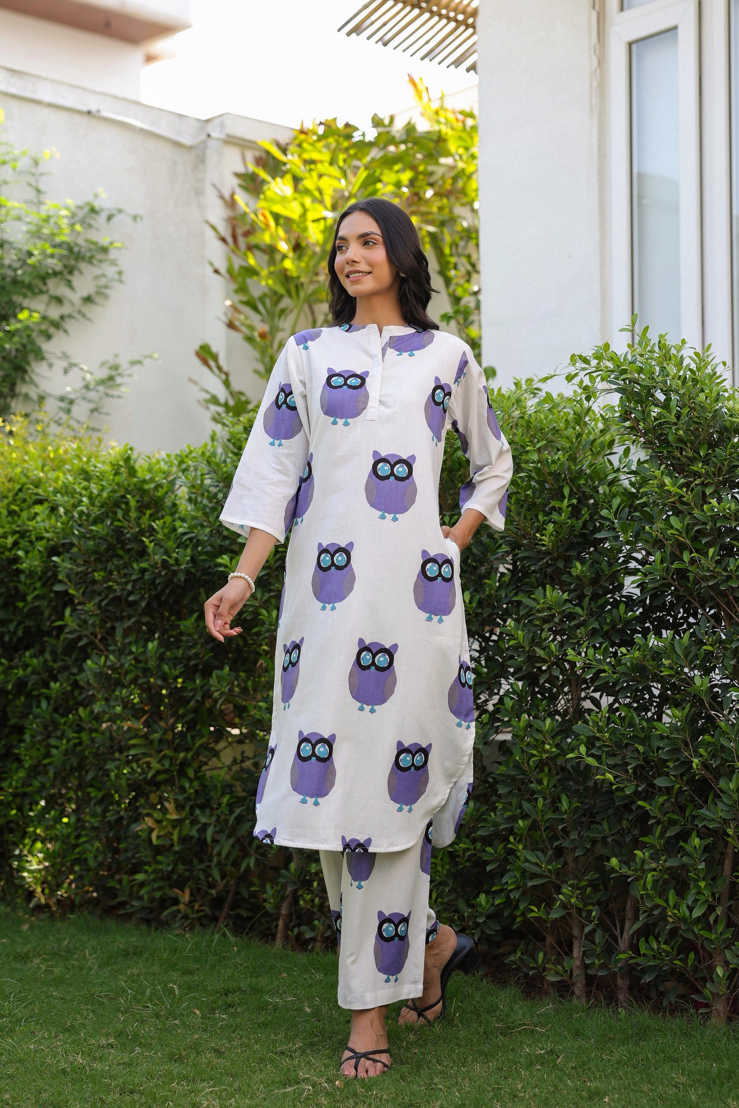 White & Purple Owl Printed Full Sleeves Kurta with Pants Set