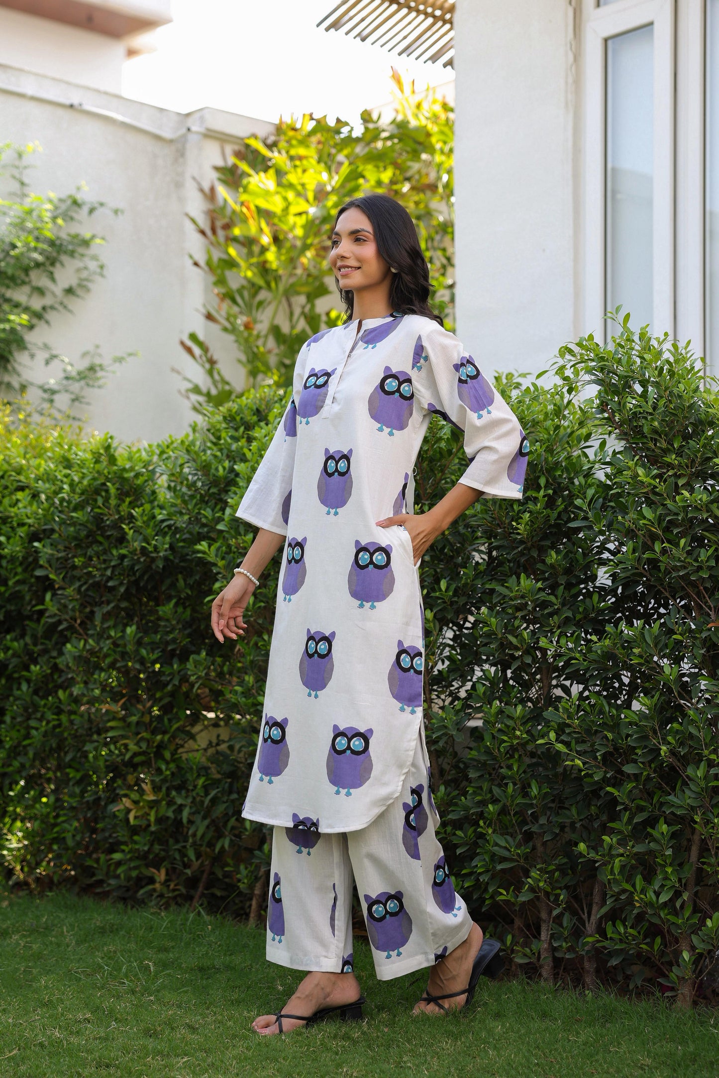 White & Purple Owl Printed Full Sleeves Kurta with Pants Set