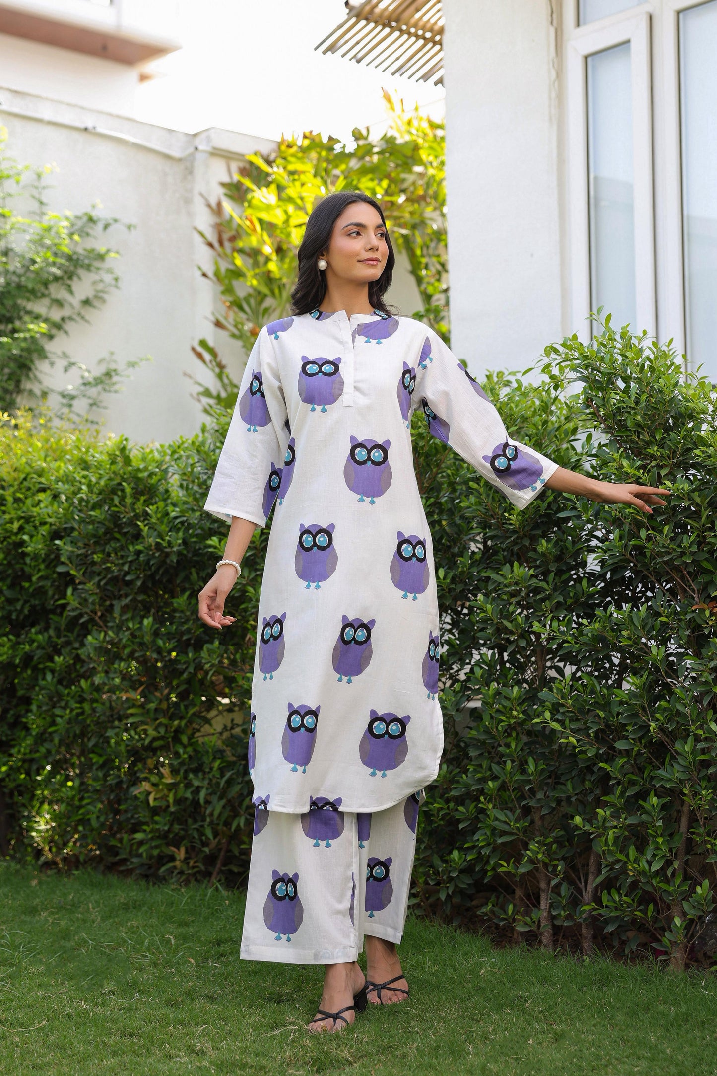 White & Purple Owl Printed Full Sleeves Kurta with Pants Set