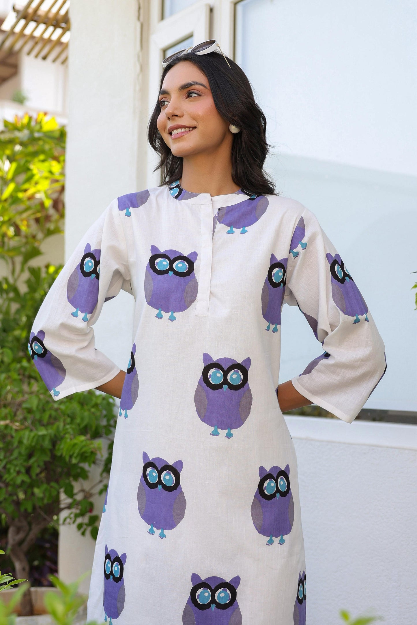 White & Purple Owl Printed Full Sleeves Kurta with Pants Set