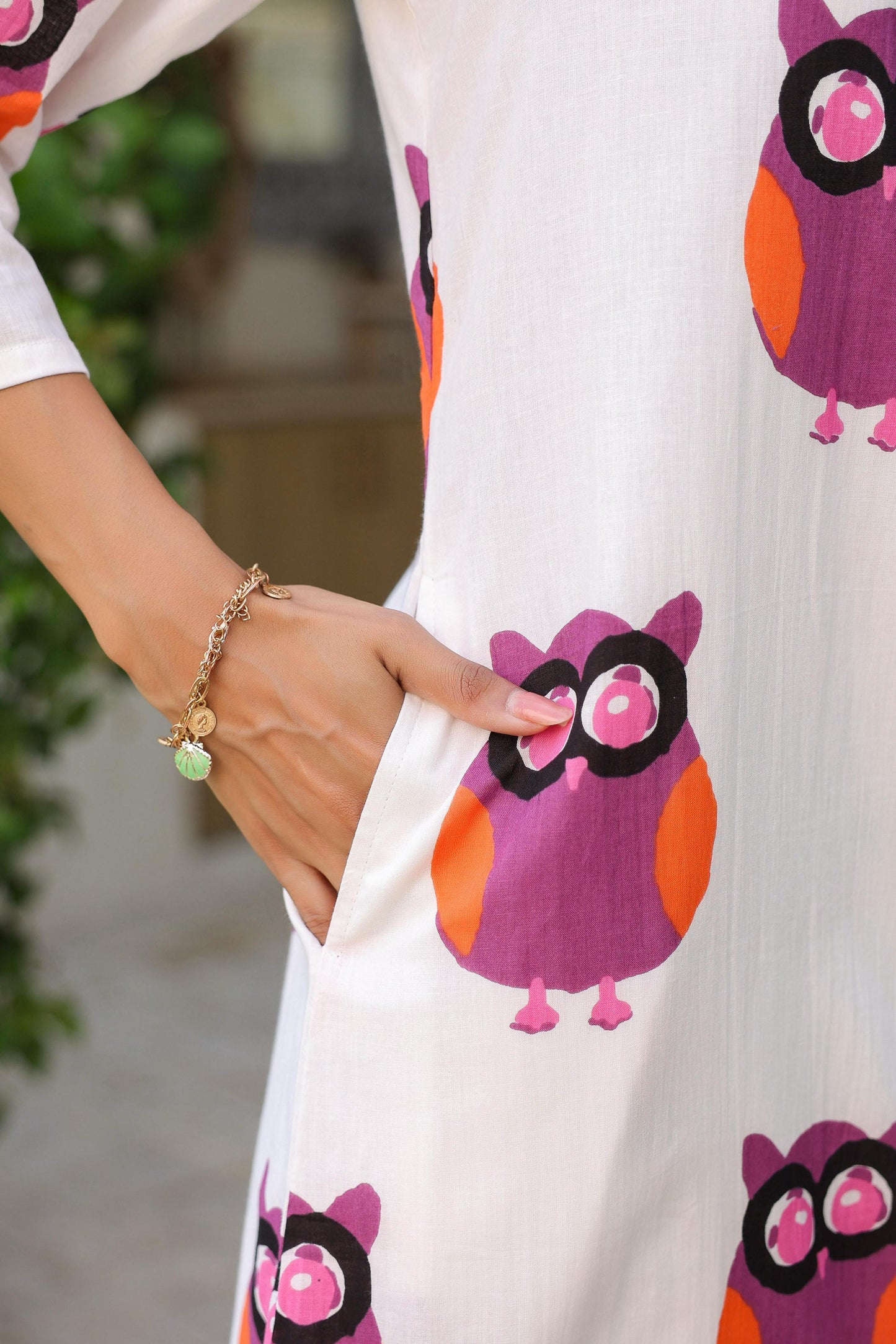 Pink and White Owl Print Cotton Kurta Set