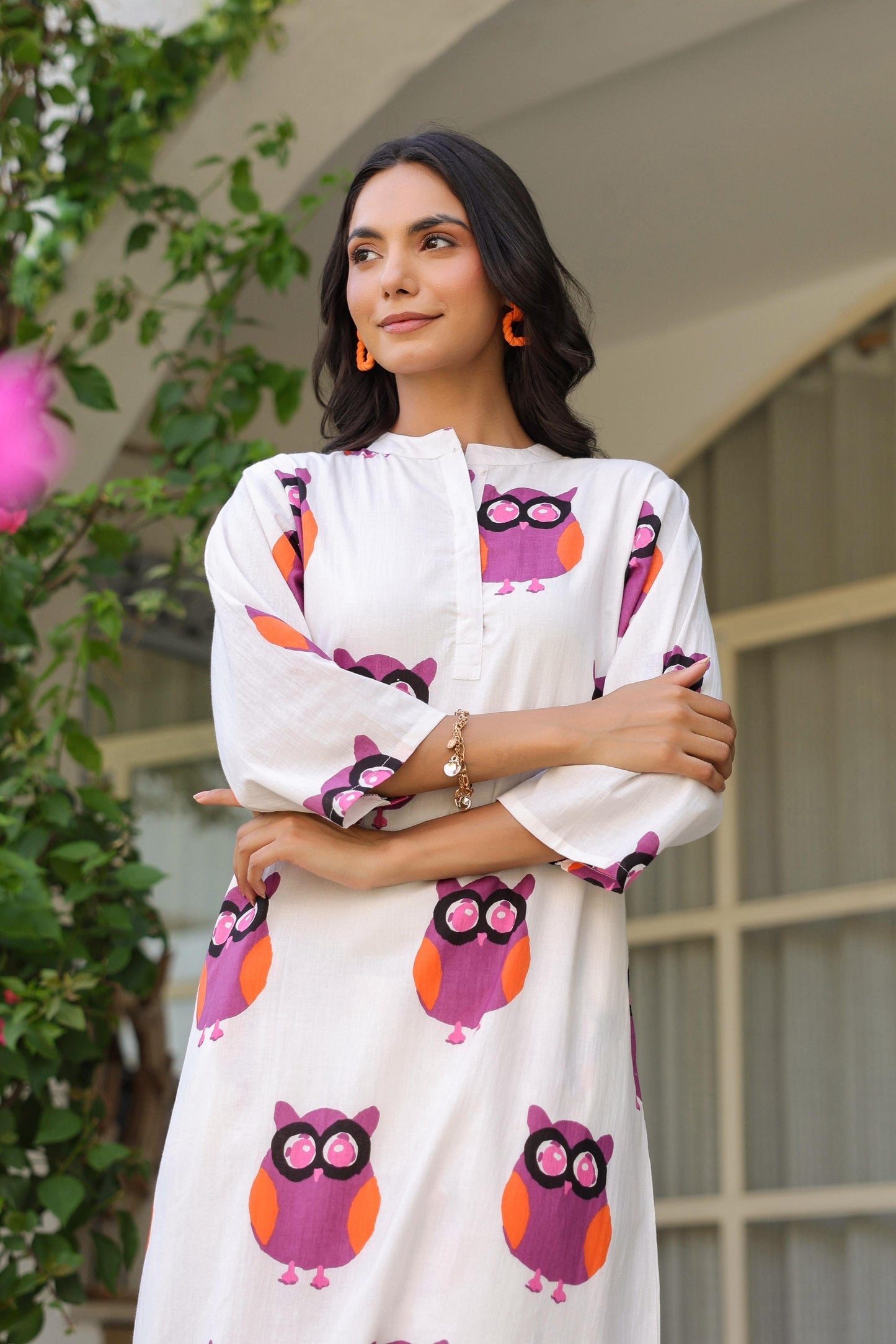 Pink and White Owl Print Cotton Kurta Set