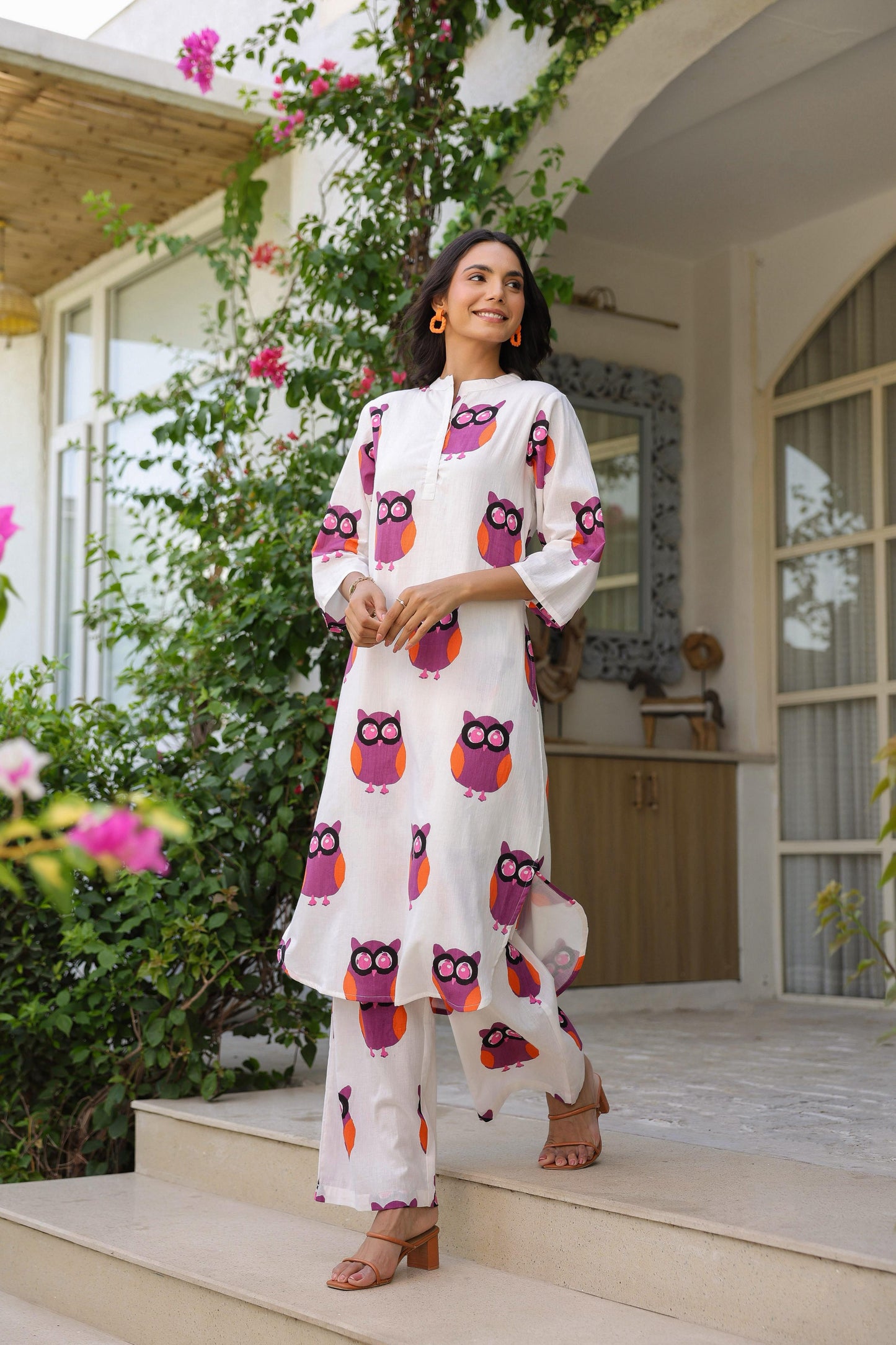 Pink and White Owl Print Cotton Kurta Set