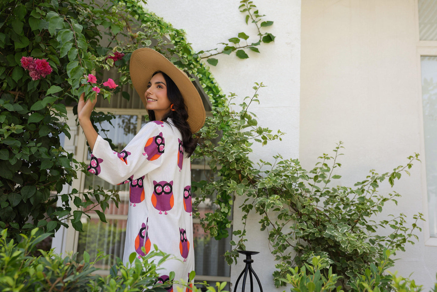 Pink and White Owl Print Cotton Kurta Set