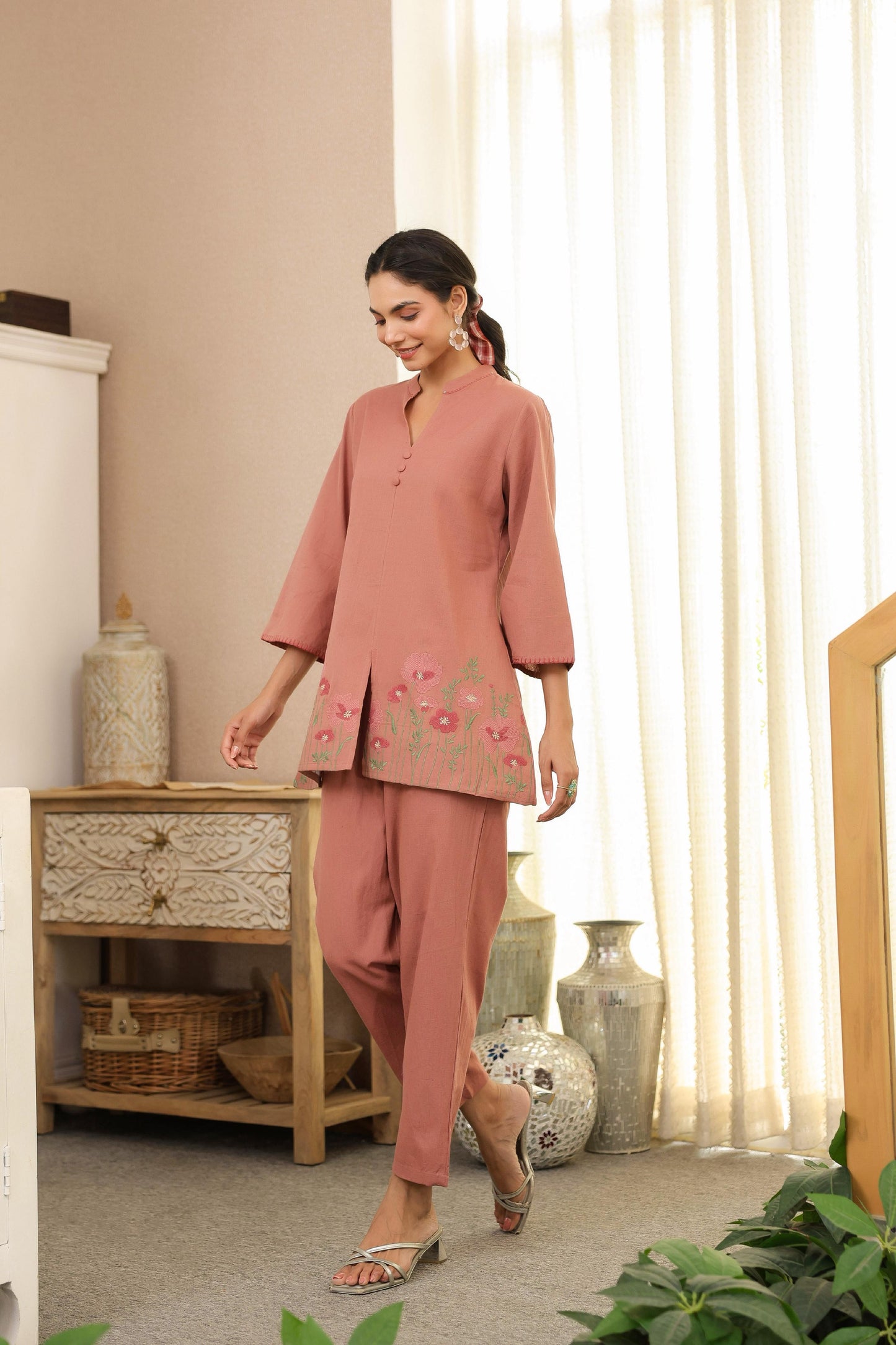 Dusty Rose Pink Floral Embroidered Cotton Co-ord Set | Elegant Everyday Ethnic Wear for Women