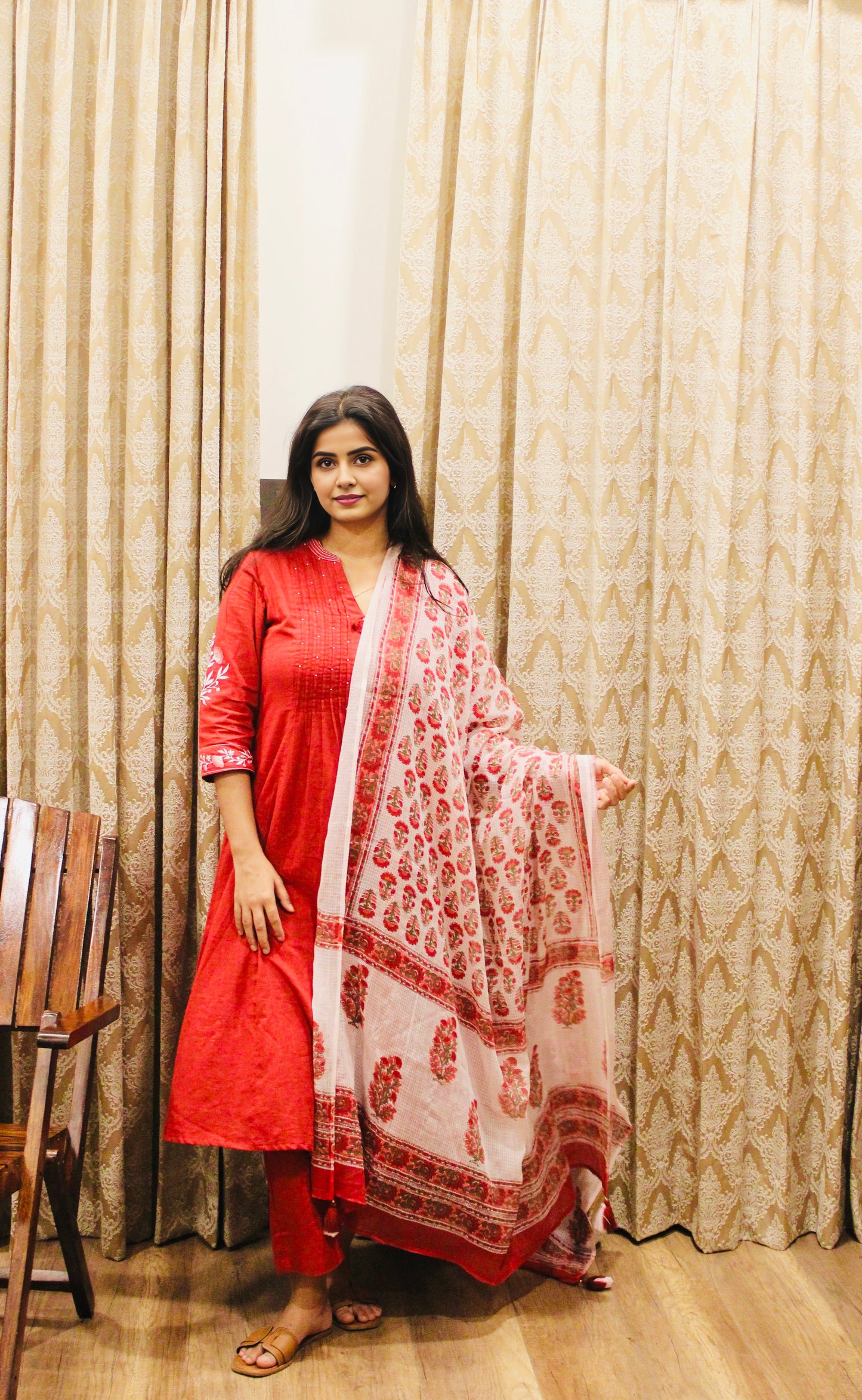 Elegant Red Cotton Kurta Set with Handblock Floral Dupatta – Summer Ethnic Wear - Laal Ishq Three Piece Suit Set