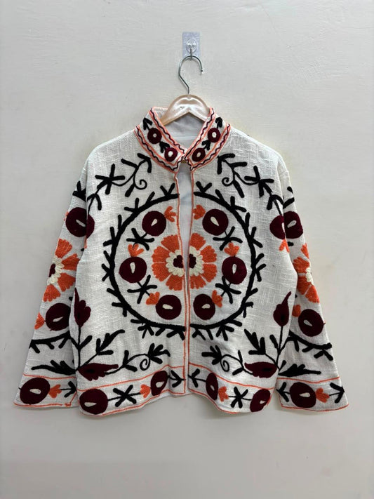 Handcrafted Suzani Embroidered Cotton Jacket – Floral Artisan Open Front Jacket