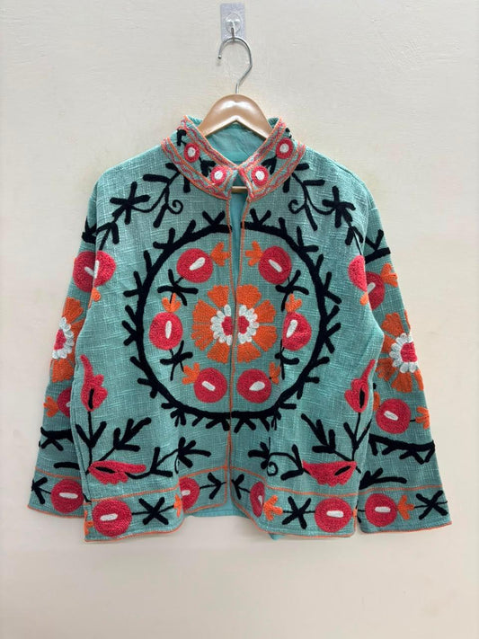 Handcrafted Suzani Embroidered Cotton Jacket – Floral Artisan Open Front Jacket (Copy)