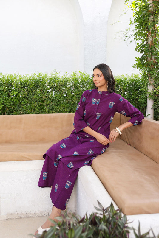 Ethnic Purple Kurta with Kulhad Motifs | Casual Kurta for Women