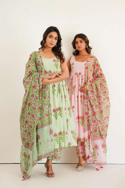 Pink Handblock Anarkali Set