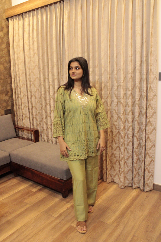 Lime Green Mirror Work Cotton Co-ord Set for Women | Festive & Casual Ethnic Wear