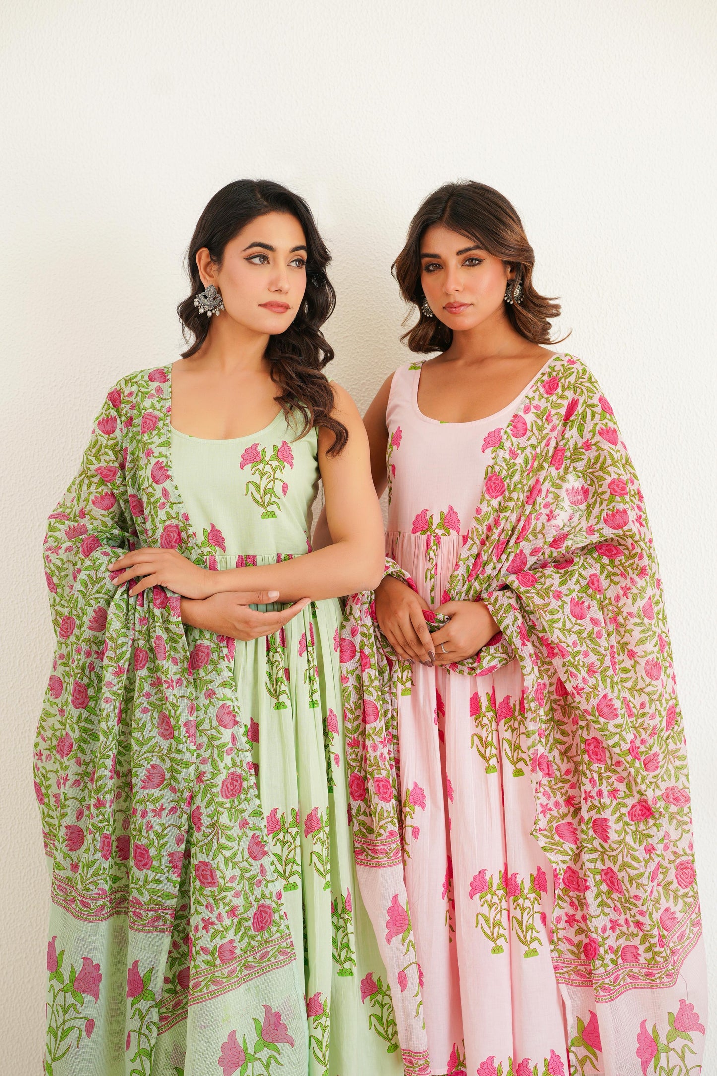 Pink Handblock Anarkali Set