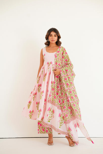 Pink Handblock Anarkali Set