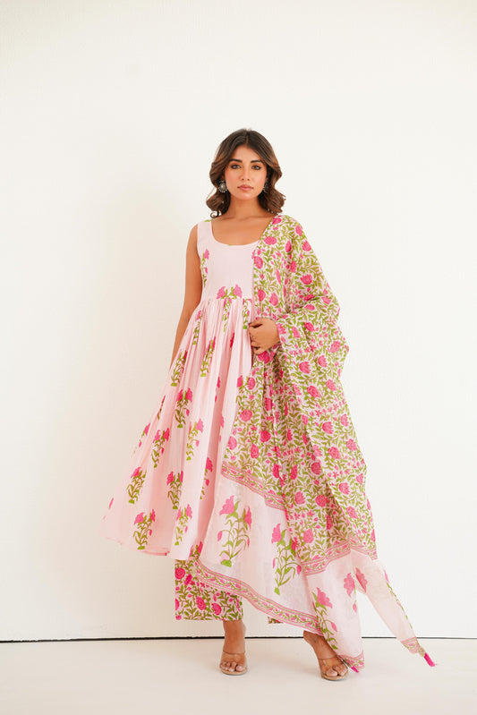 Pink Handblock Anarkali Set